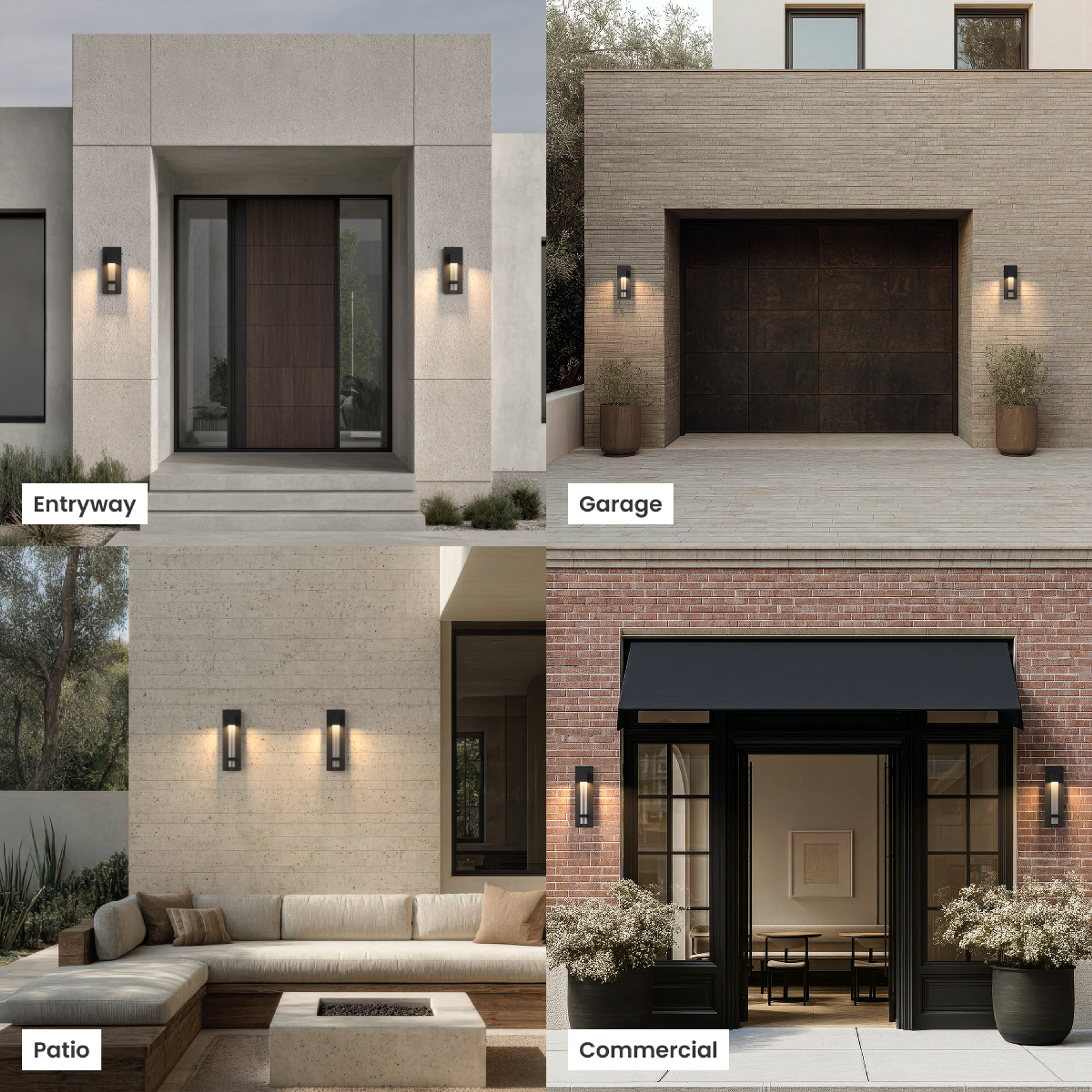 Astra black outdoor sconce, slim seeded-crystal bar glowing on a stucco wall, weather-resistant and anti-rust callout