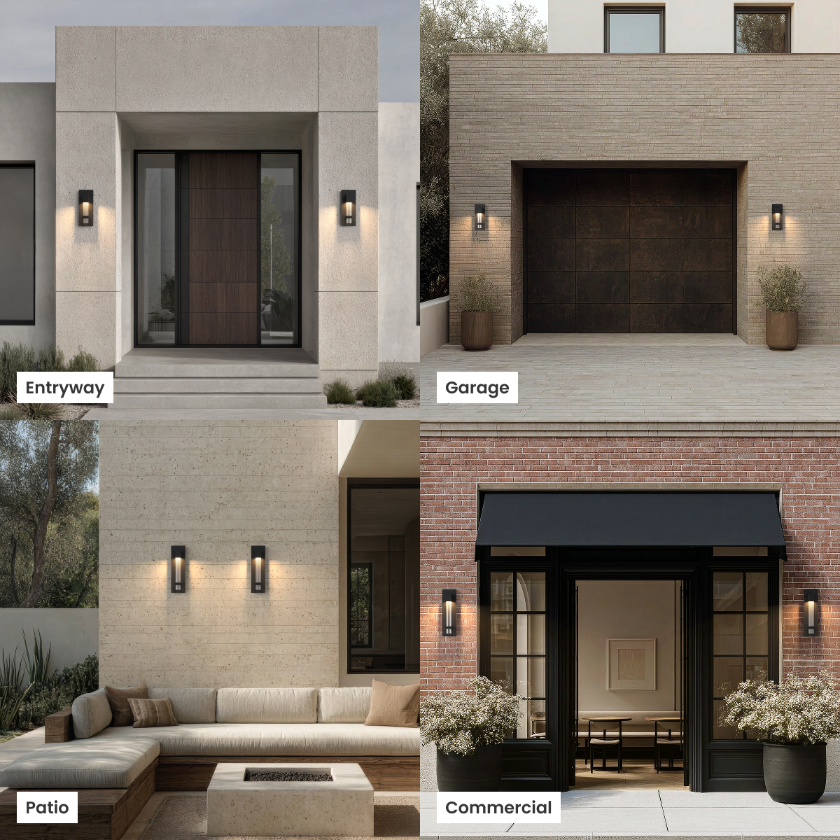 Astra black outdoor sconce, slim seeded-crystal bar glowing on a stucco wall, weather-resistant and anti-rust callout
