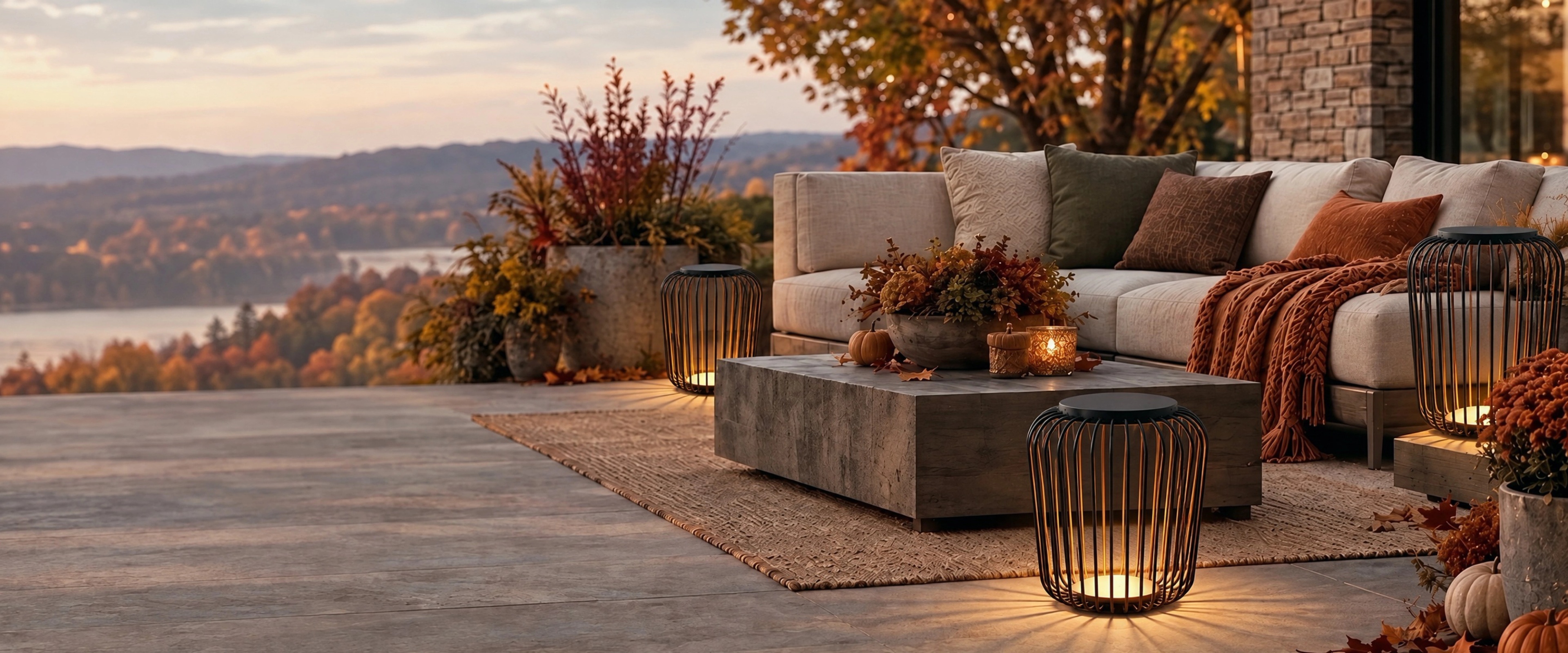 MOD LIGHTING Flash Sale, 25% off sitewide with code FLASH2026: outdoor floor lanterns glowing on an autumn terrace at dusk