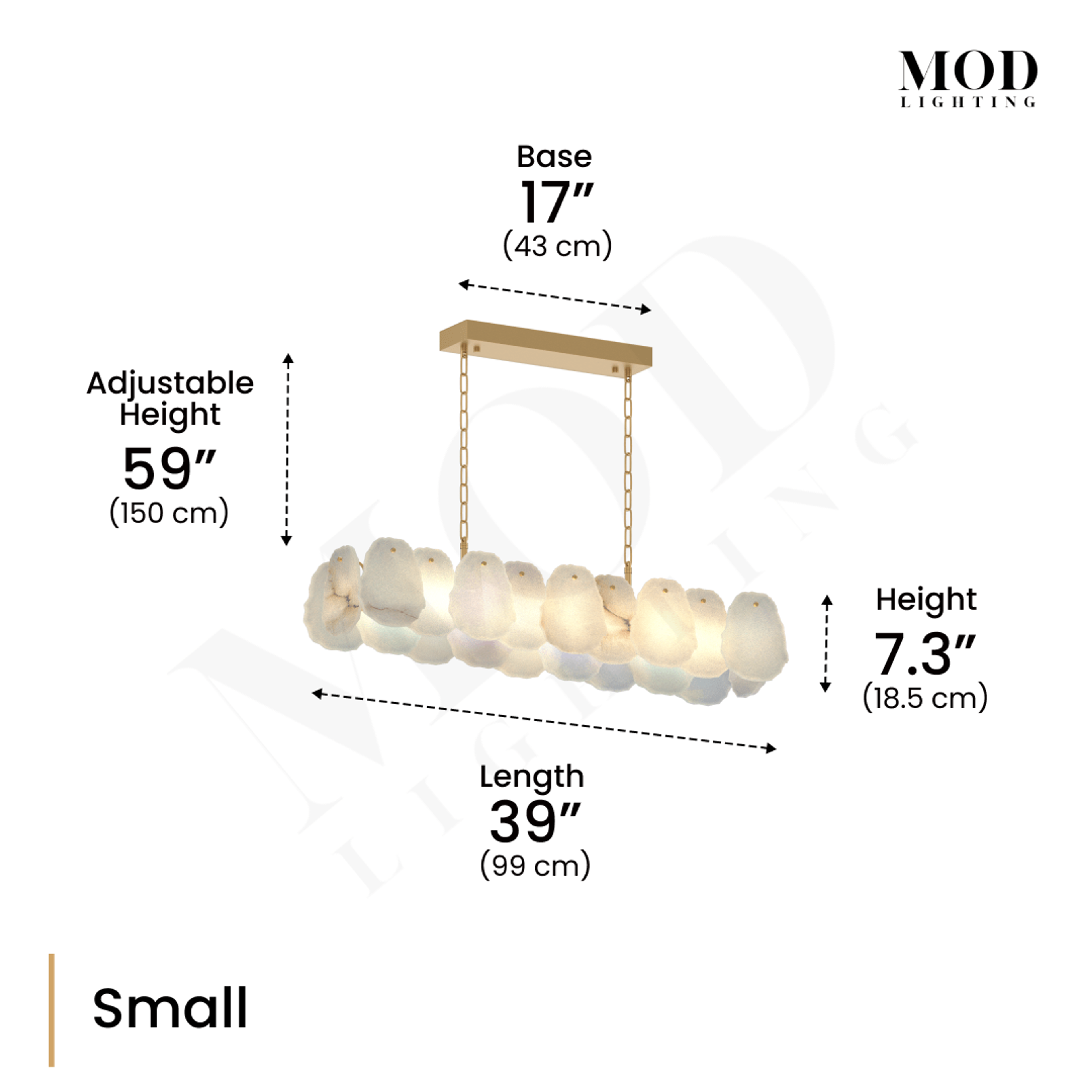 Alba Pendant dimension diagram, Small: 39 in length, 17 in base, 7.3 in height, 59 in adjustable drop