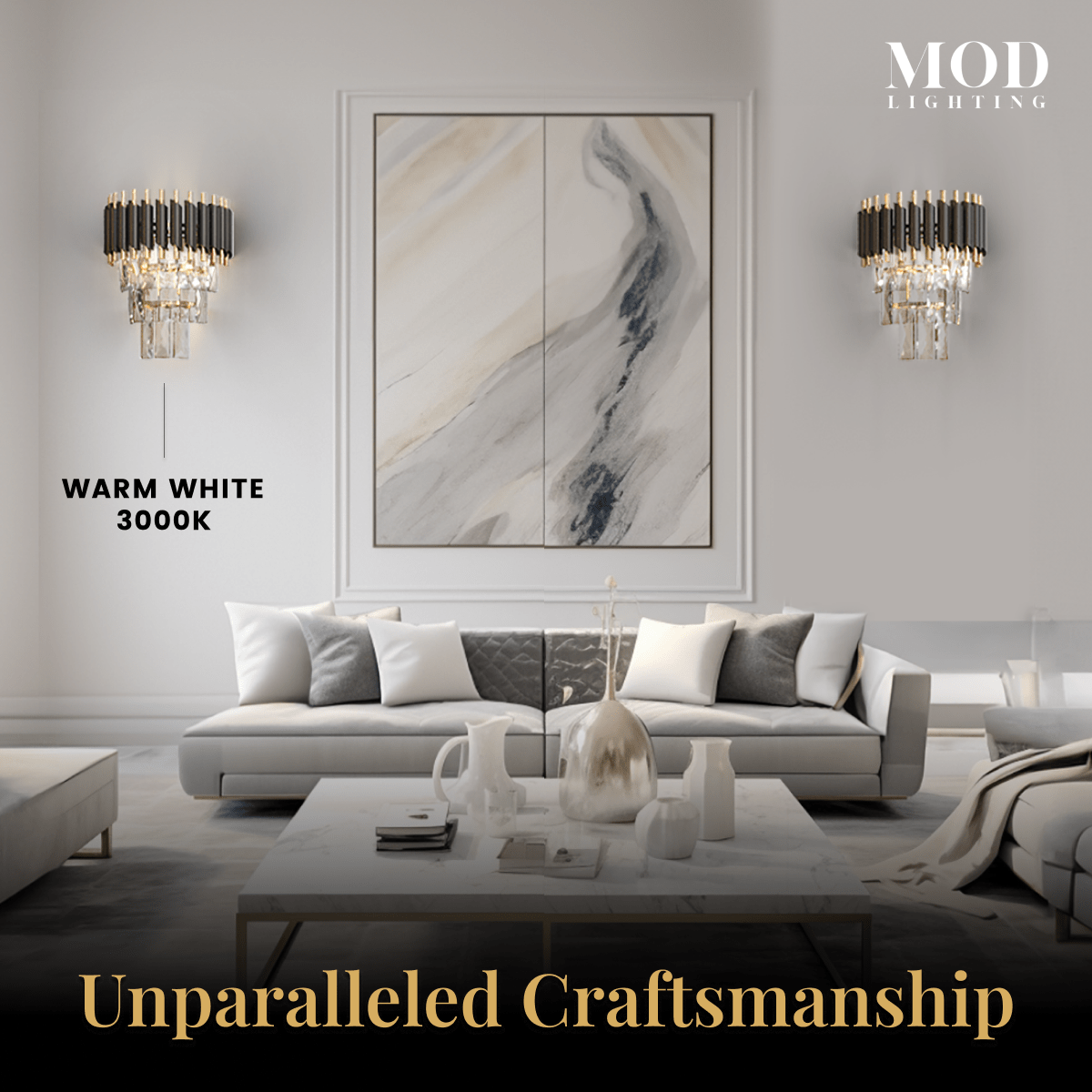 Onyx black and gold crystal wall sconces flanking marble wall art above a sofa, warm white 3000K