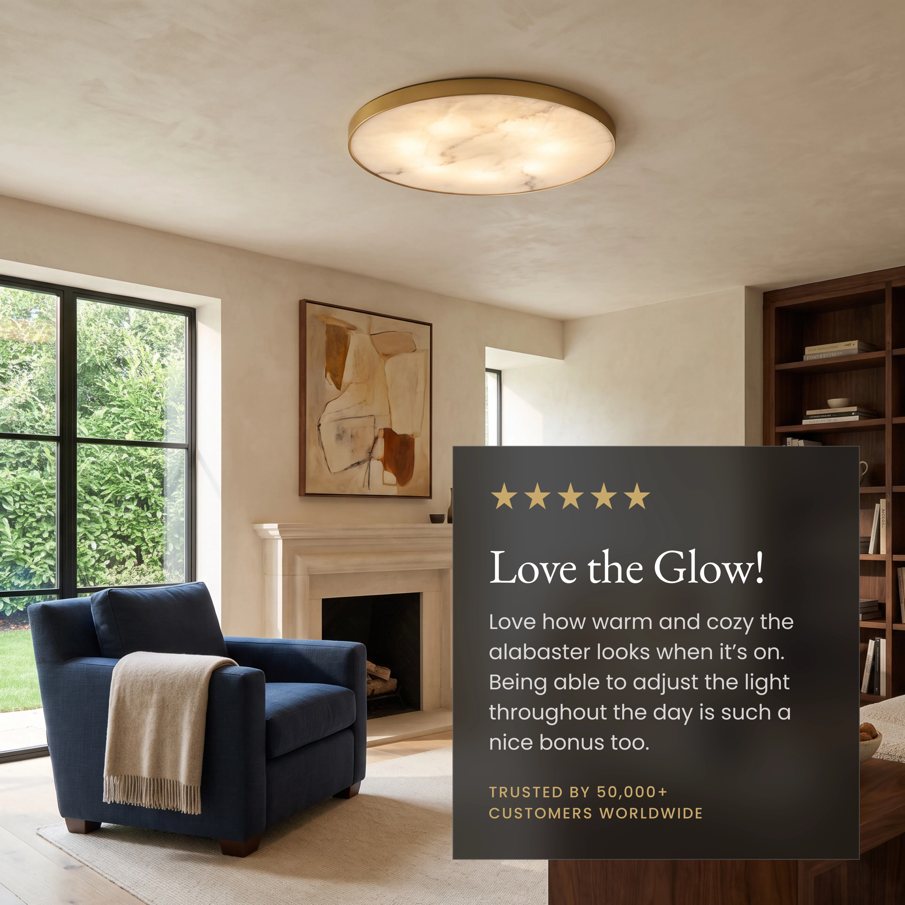 Celia Smart alabaster ceiling light in a living room beside a five-star customer review