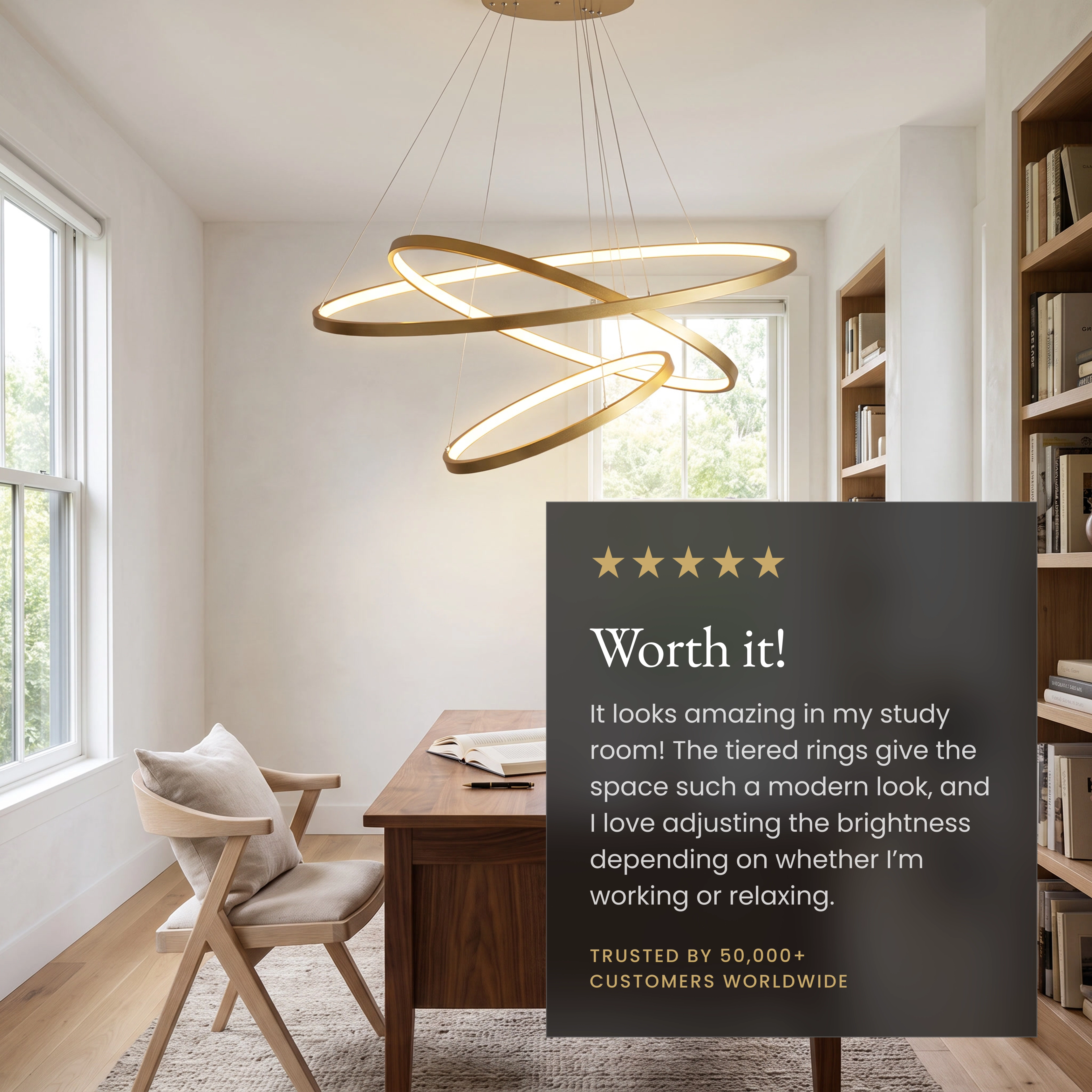 Janet Smart ring chandelier in a study beside a five-star customer review