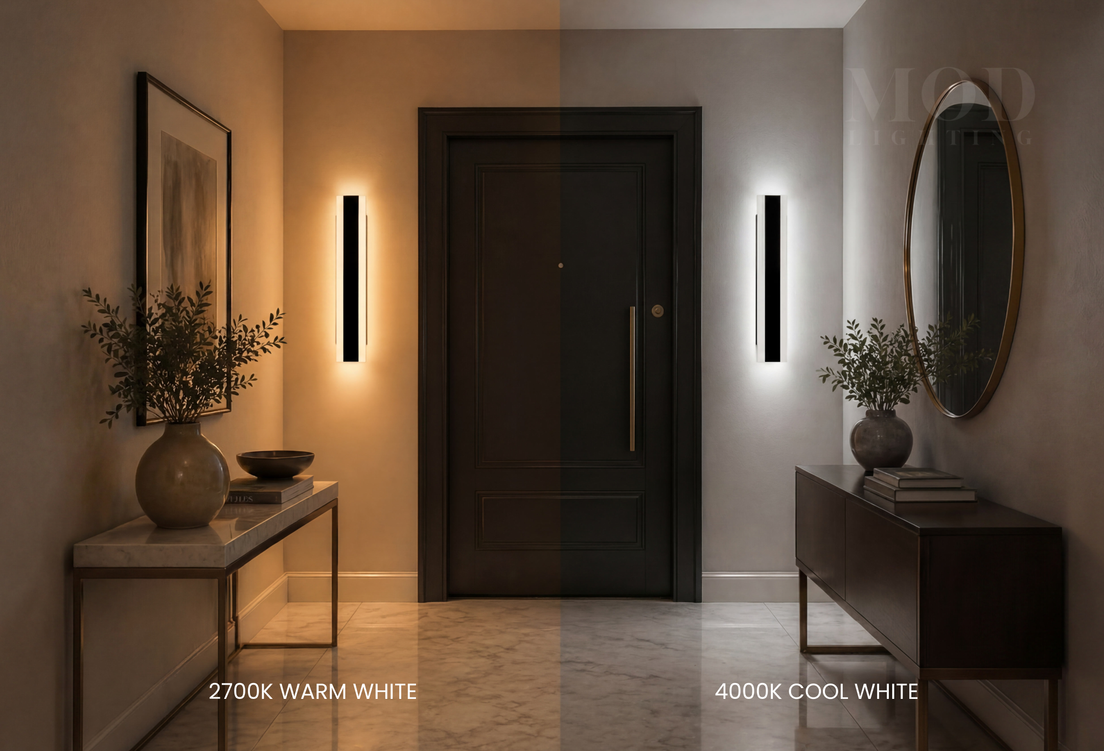 Entryway lighting comparison: warm white 2700K versus cool white 4000K