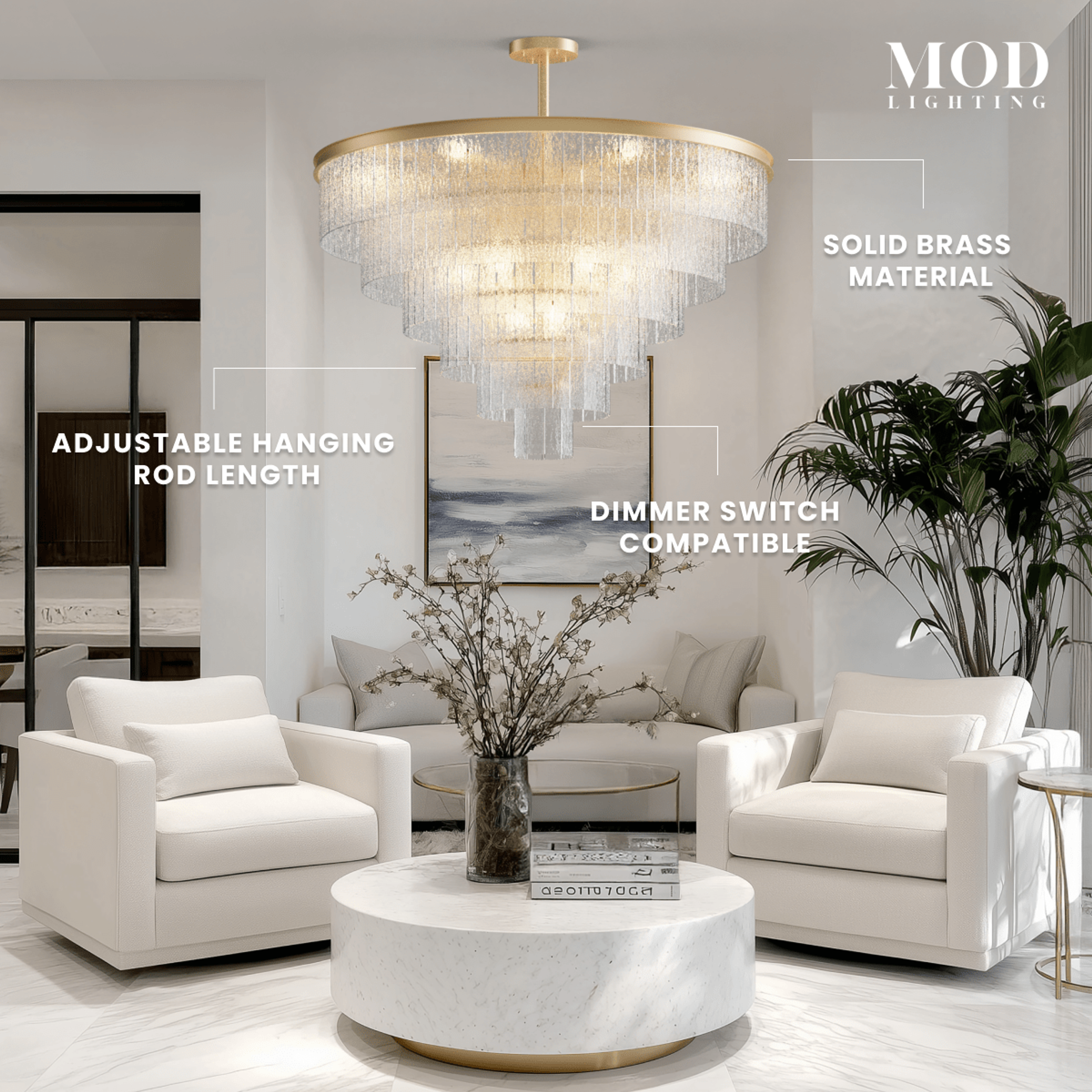 Cascade brass chandelier with tiered textured-glass fringe over a living room, noting adjustable rod and solid brass