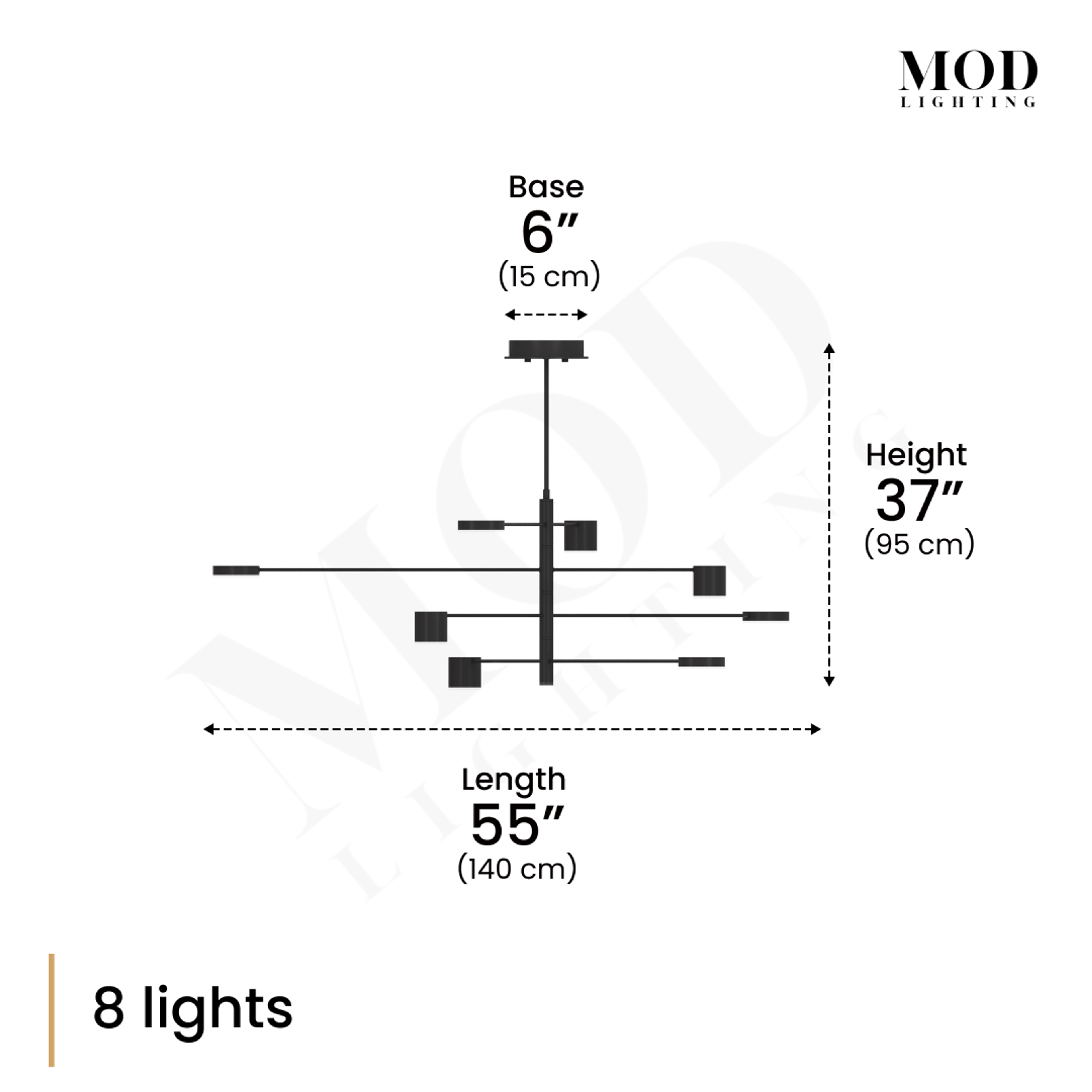 Lynx chandelier dimension diagram: 8 lights, black finish, staggered horizontal arms, 55 in length, 37 in height