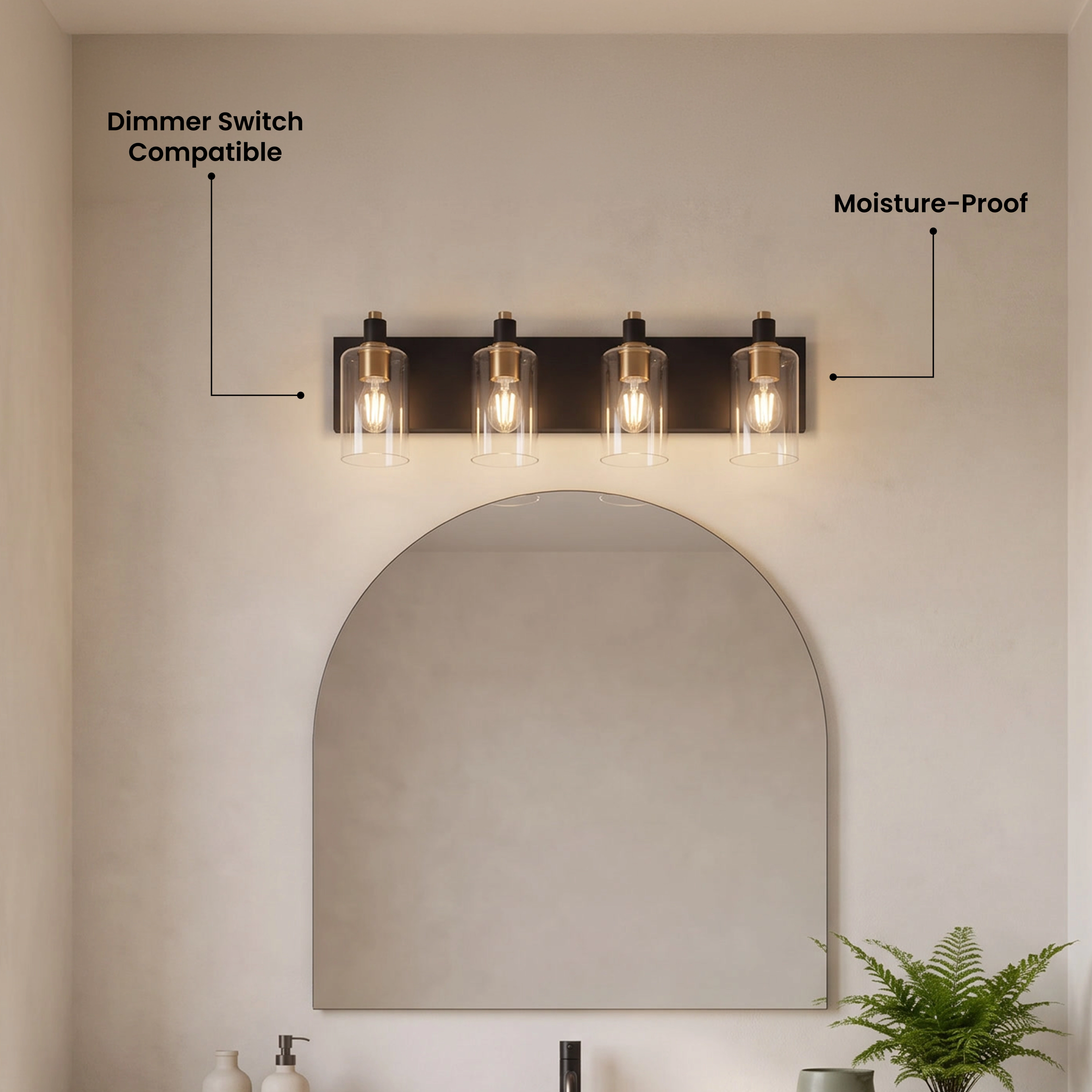 Hazel four-light black-and-gold vanity light over a mirror, with a five-star Elegant customer review