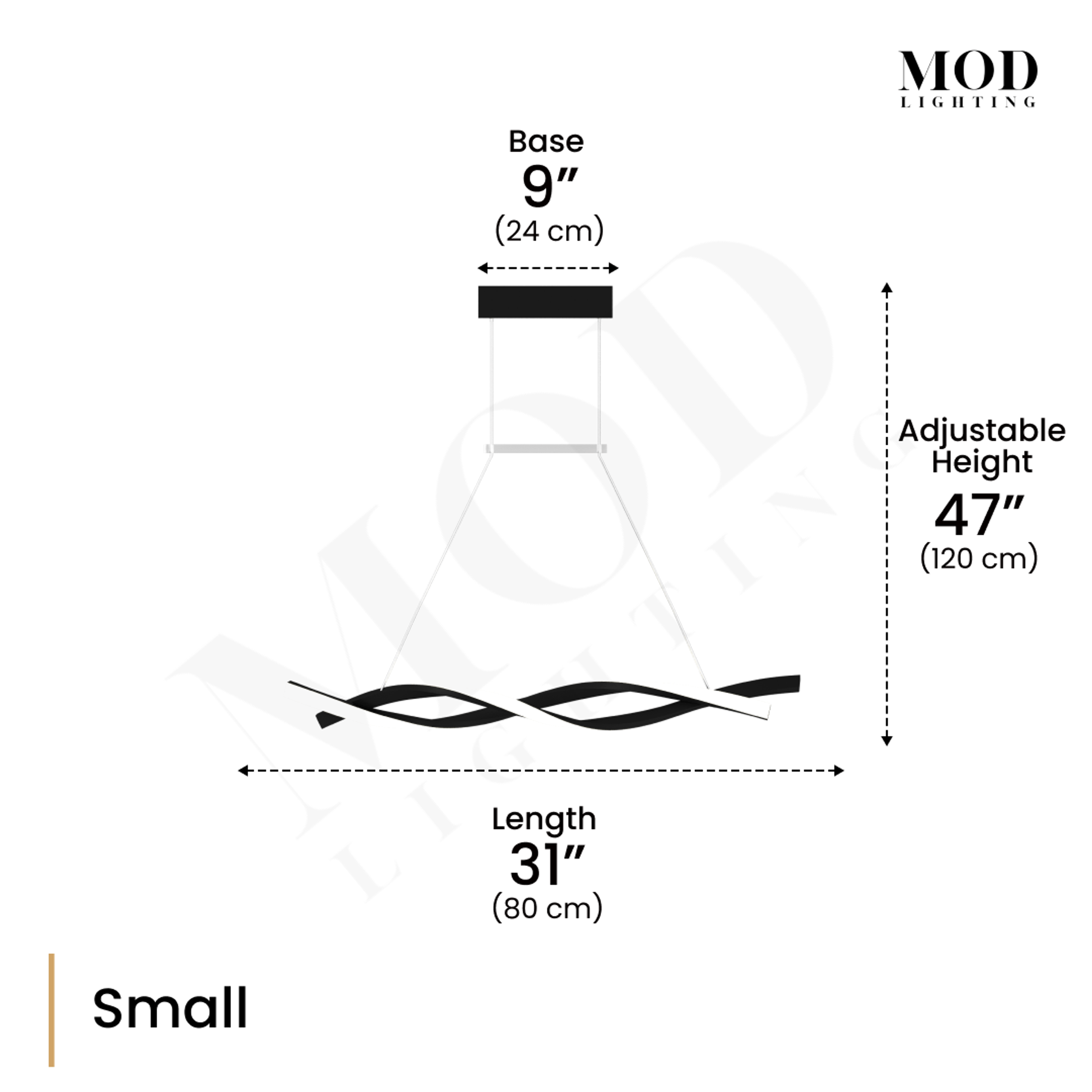 Wavey small wave-form pendant diagram: 31 in long, 9 in base, 47 in adjustable height