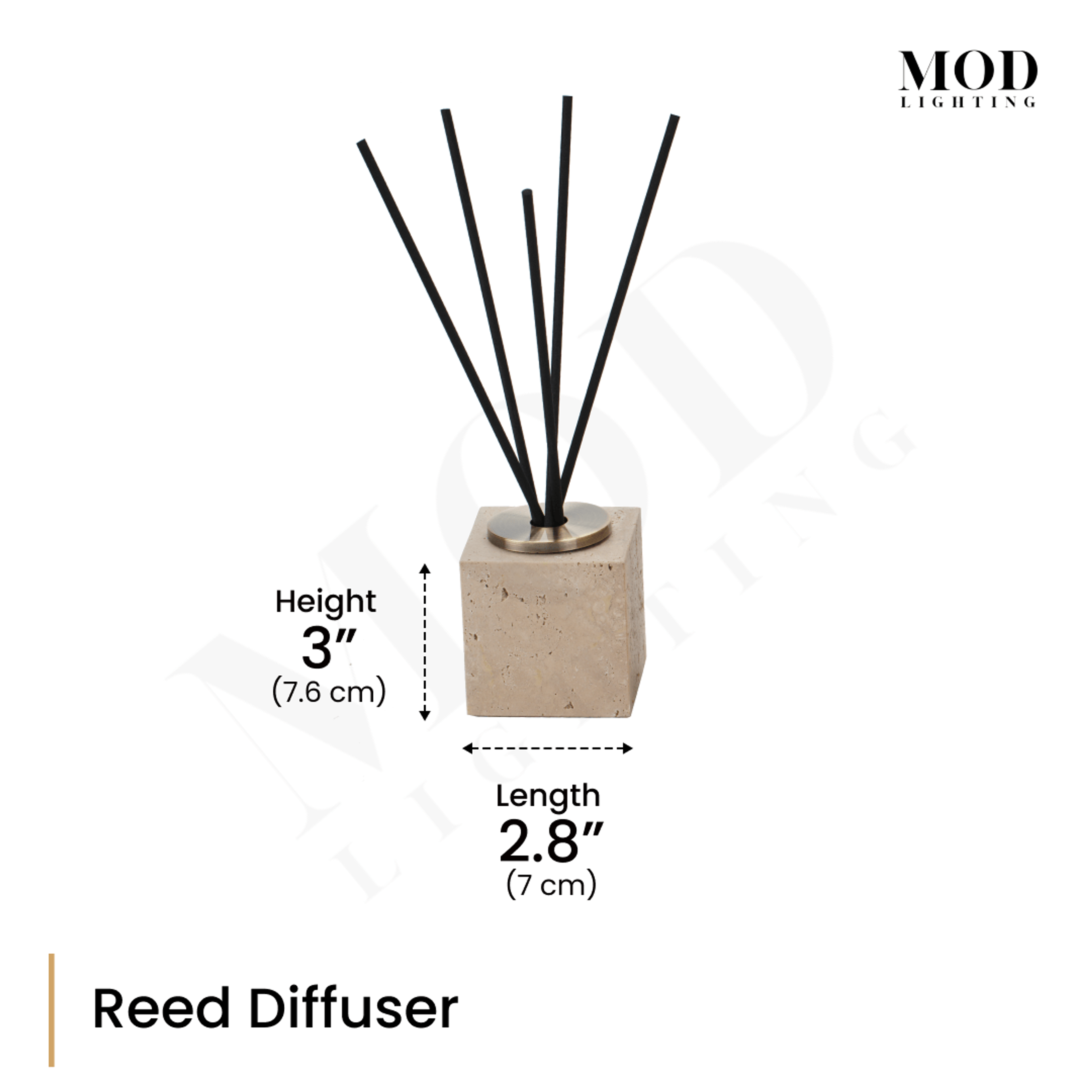 Golden Travertine reed diffuser with black reeds, dimension diagram: 3" (7.6 cm) height, 2.8" (7 cm) length