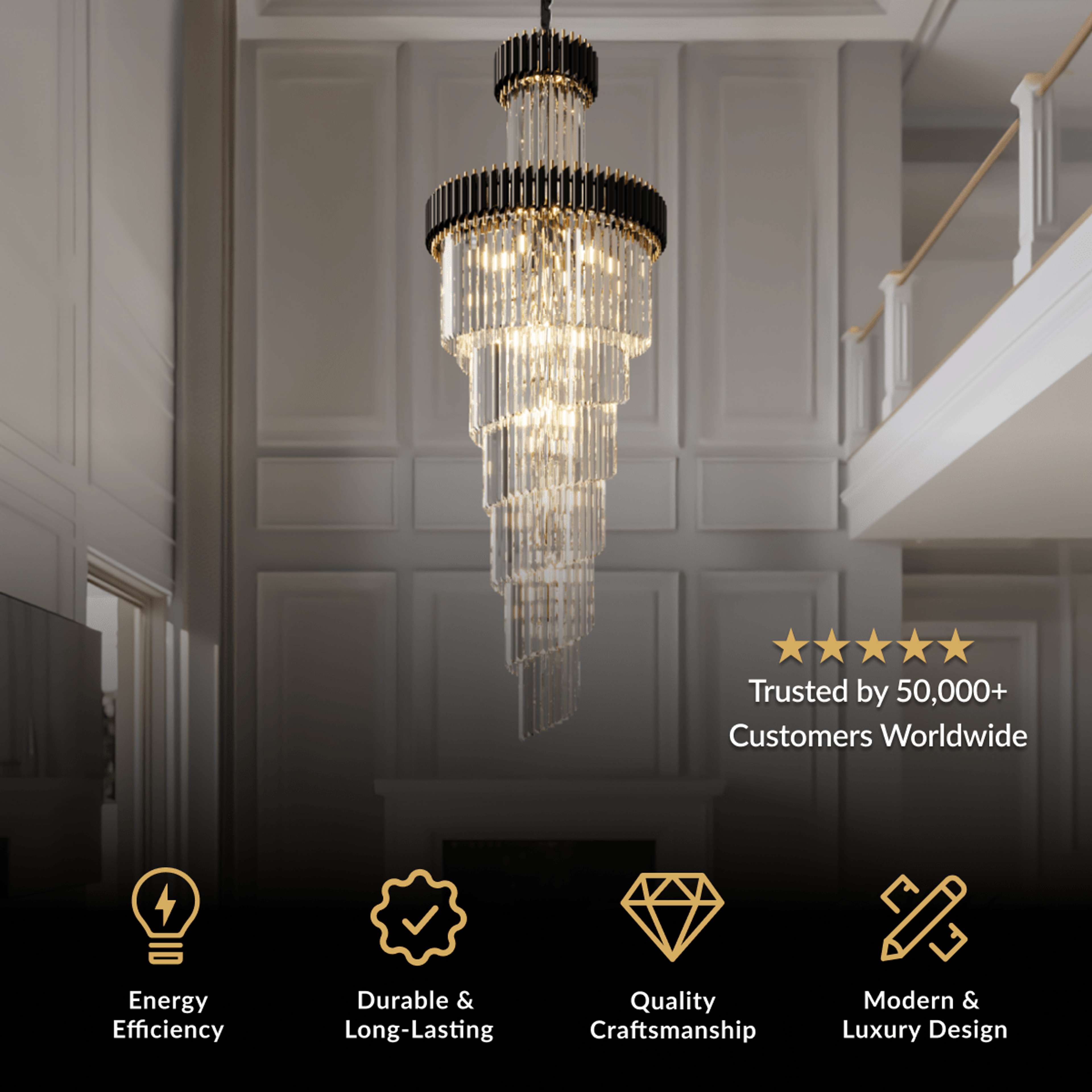 Onyx chandelier, tiered black and gold frame with clear crystal columns, in a dark luxury living room