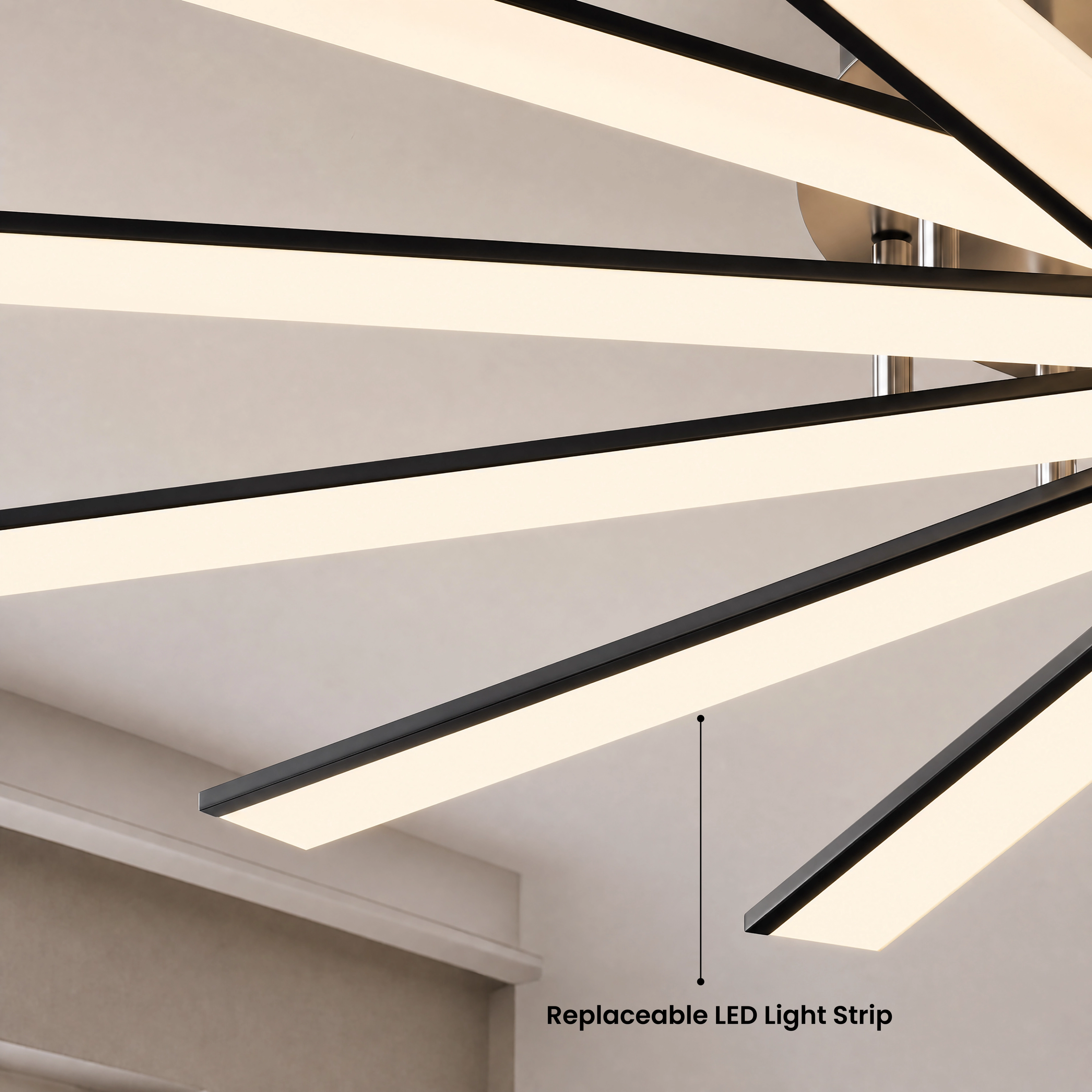 Jayce black ceiling light with warm white 3000K LED bars in a paneled living room, four sizes available