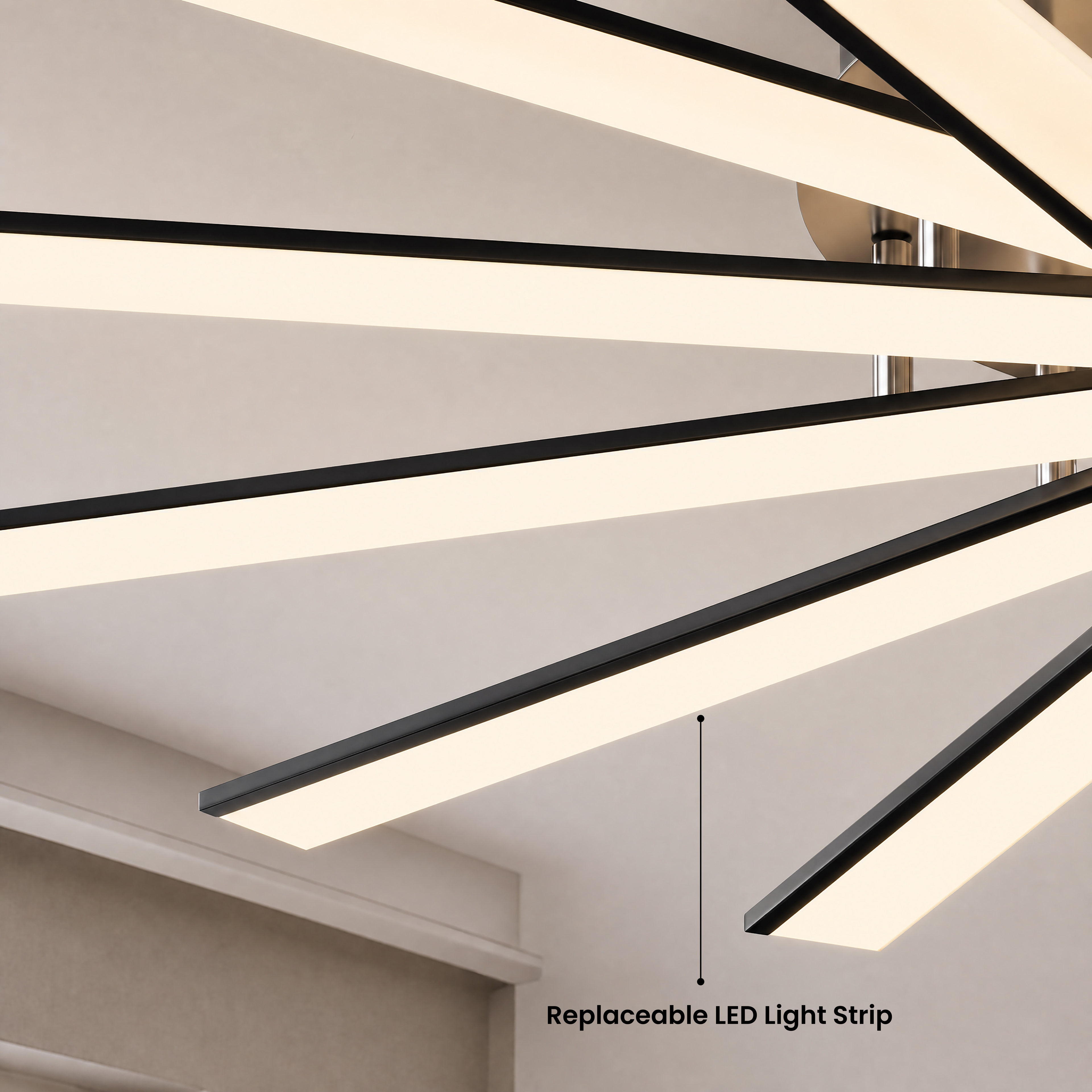 Jayce black ceiling light with warm white 3000K LED bars in a paneled living room, four sizes available