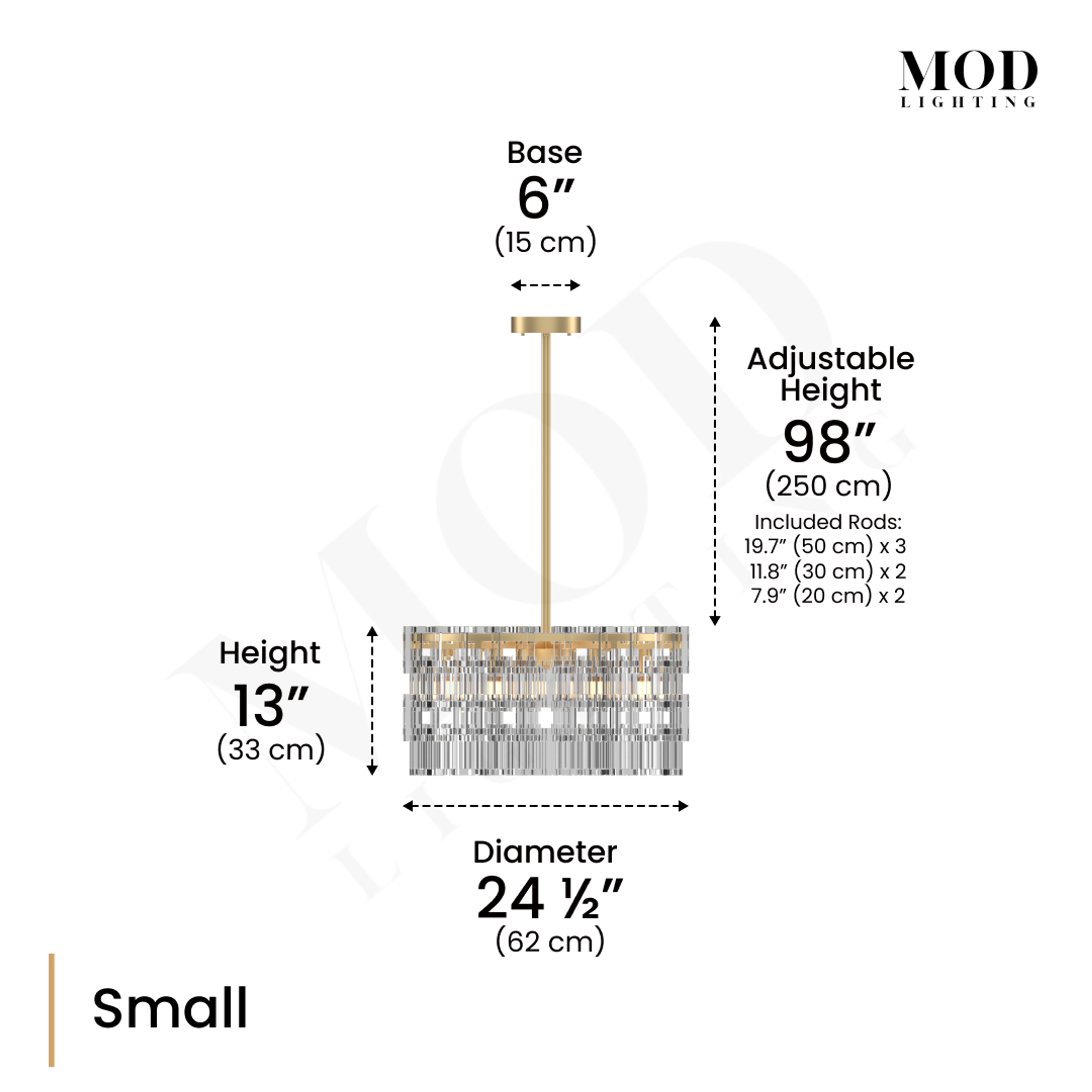 Radiance brass crystal chandelier dimension diagram, layered drum of clear crystal rods, Small size specs