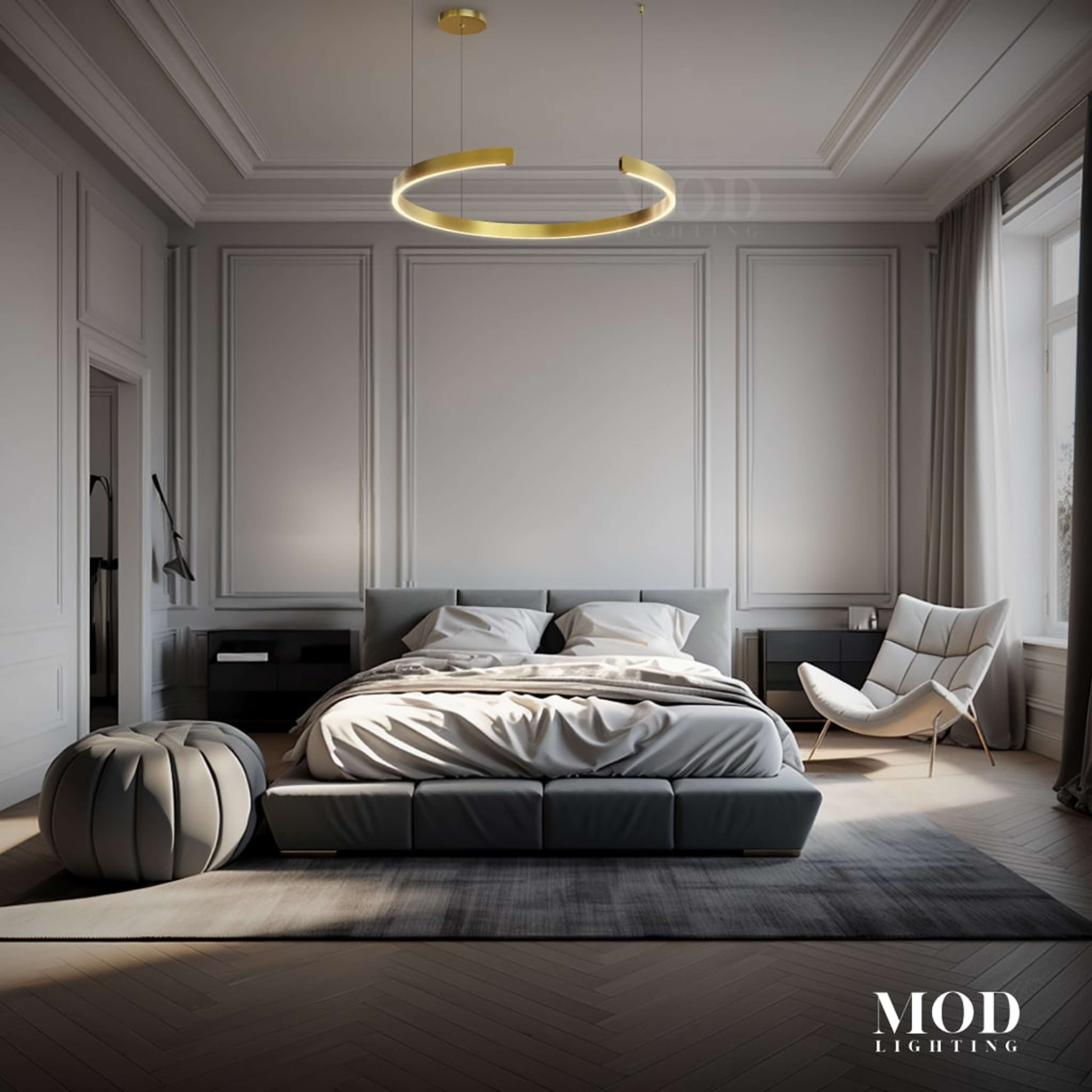 Ring gold circular LED pendant with open C-shape, suspended over a bed in a paneled bedroom
