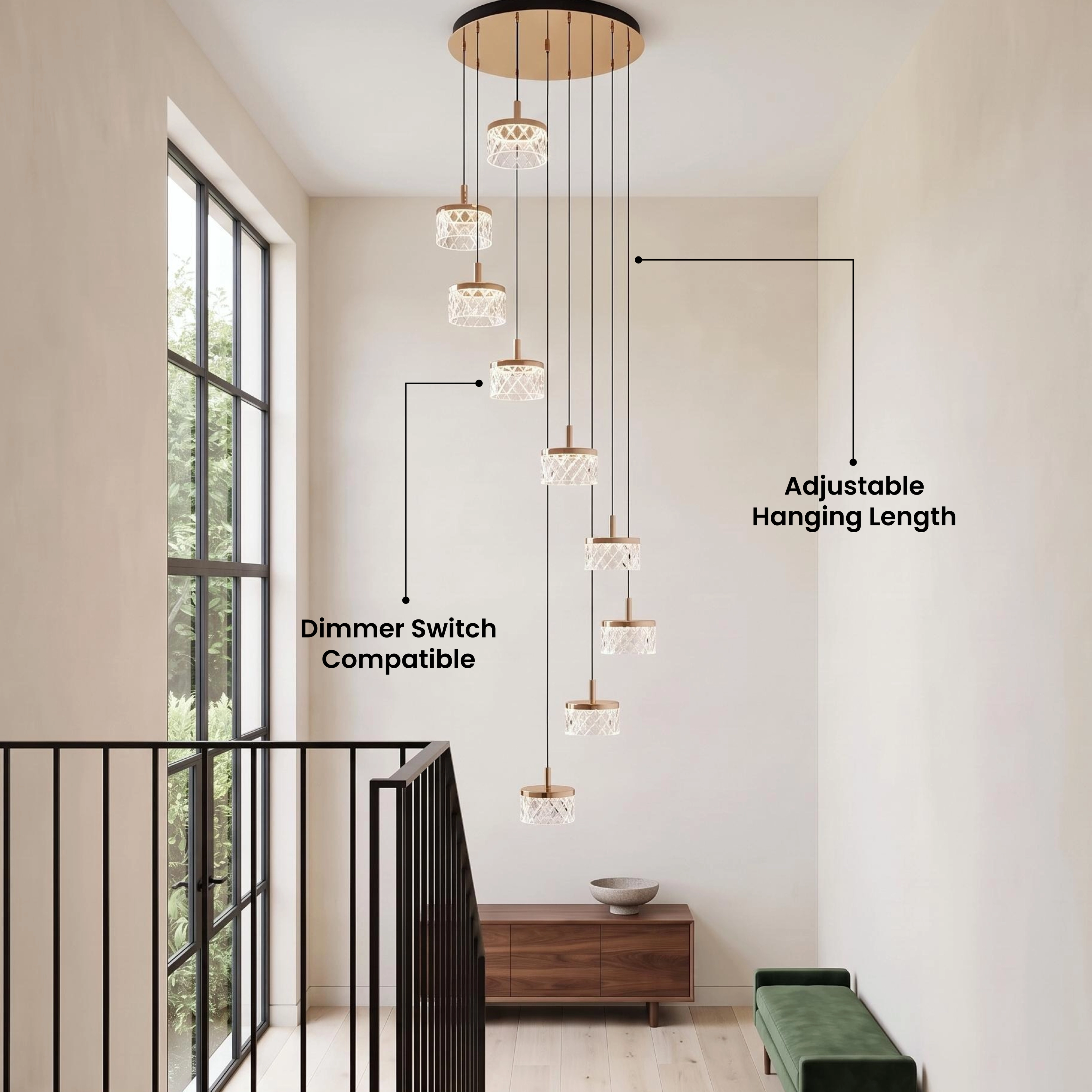 Emma staircase chandelier, spiral of gold and pearl-black crystal drum pendants beside a staircase, with review overlay