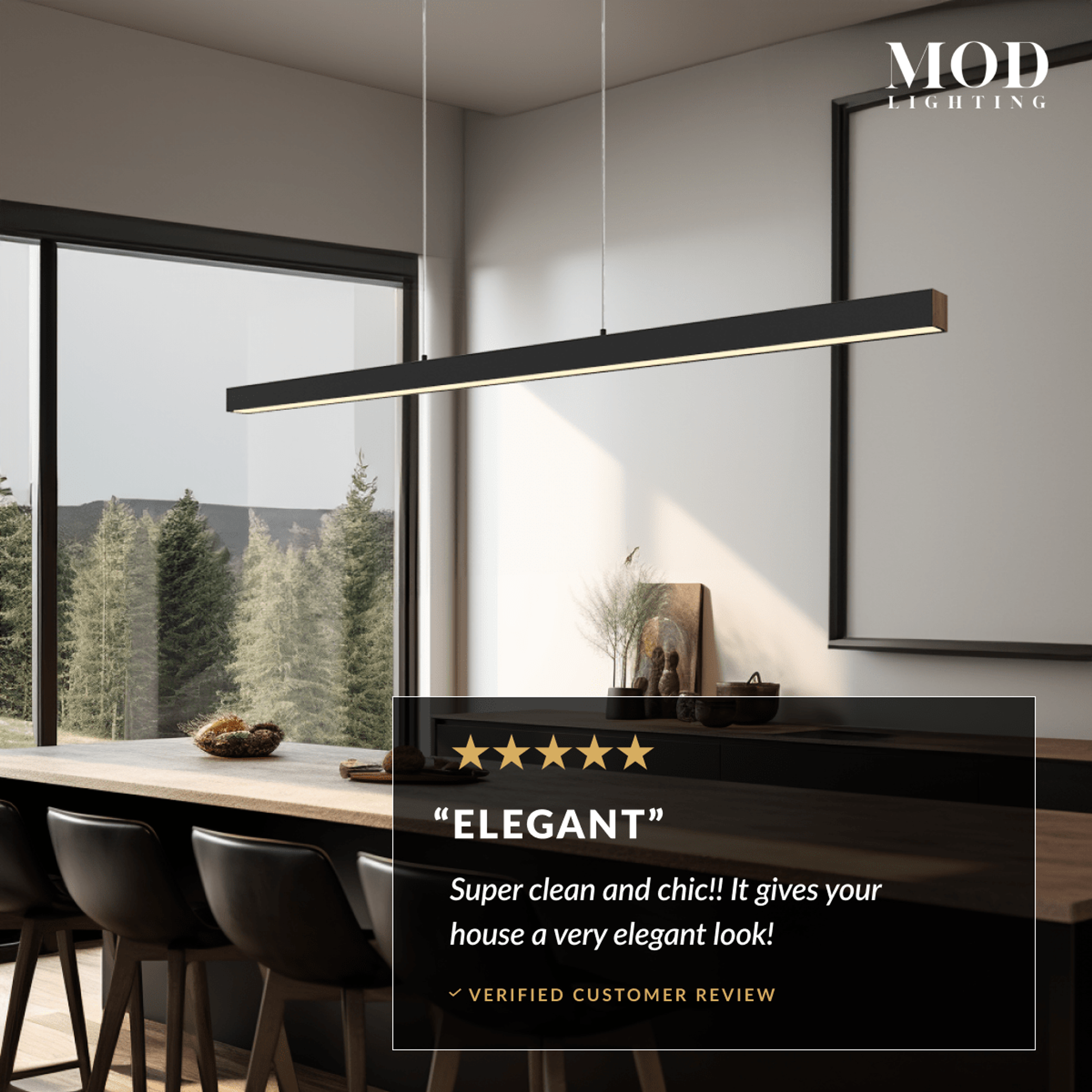 Luka pendant, black linear light bar over a kitchen island with bar stools and forest windows