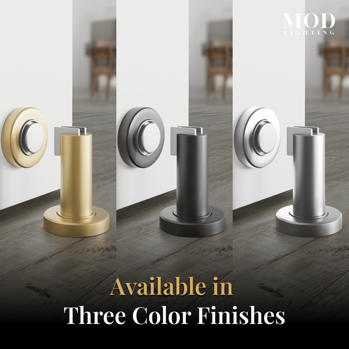 Avi door stop in brushed gold, matte black and satin nickel, three color finishes side by side