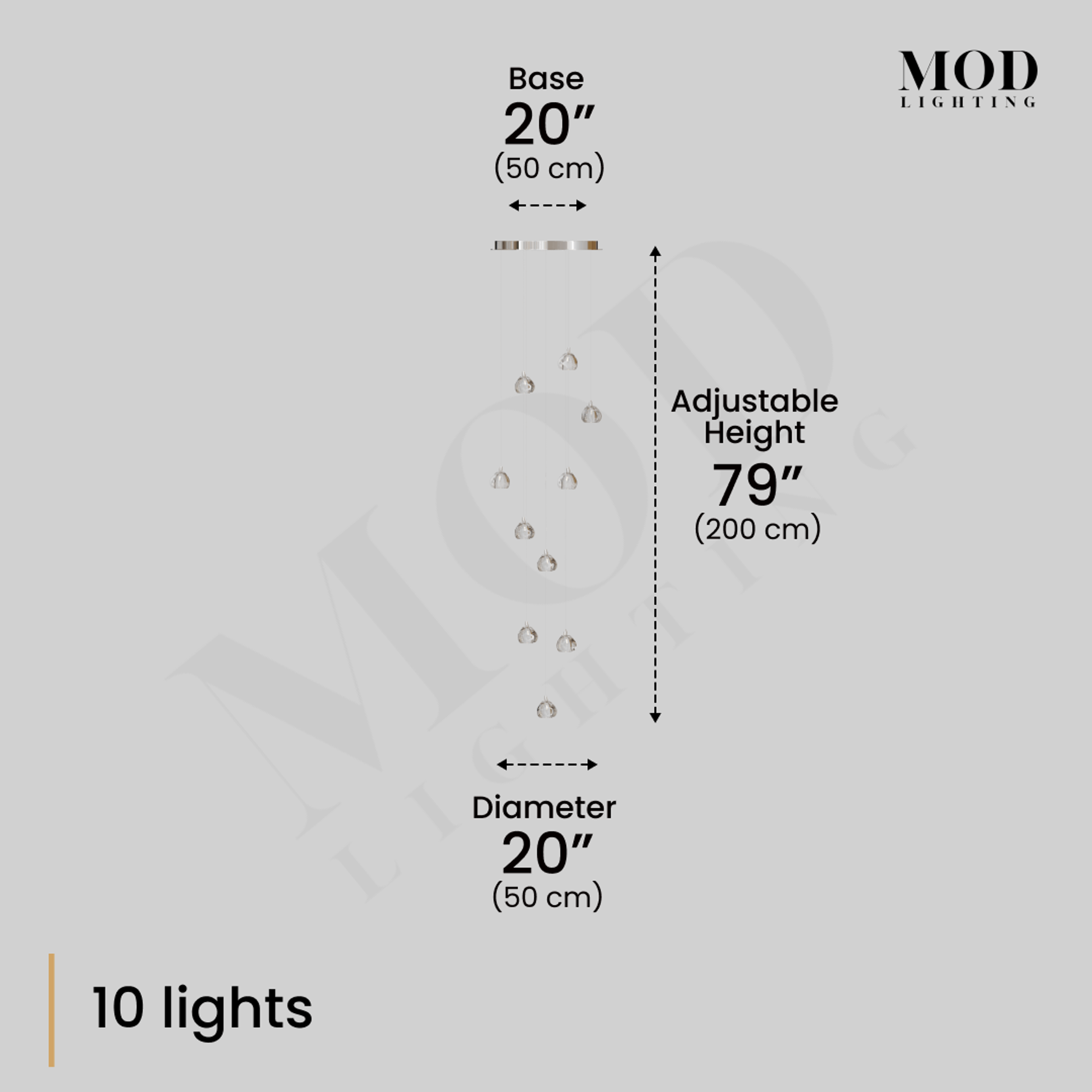 Sage dimension diagram, 10-light version: 20-inch base, 20-inch diameter, adjustable 79-inch height