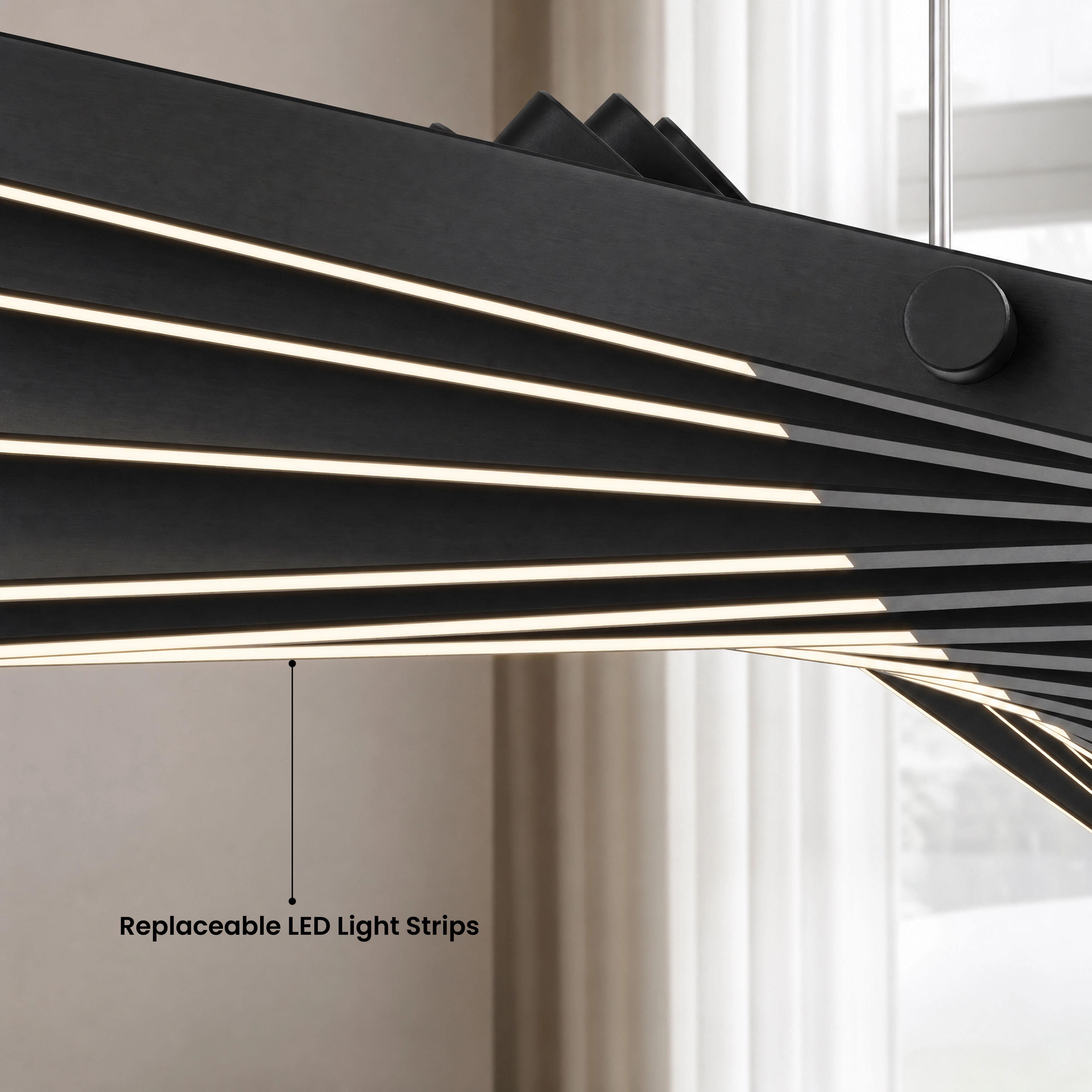 Sylas pendant in warm white 3000K, black light bars over a desk in a city-view office