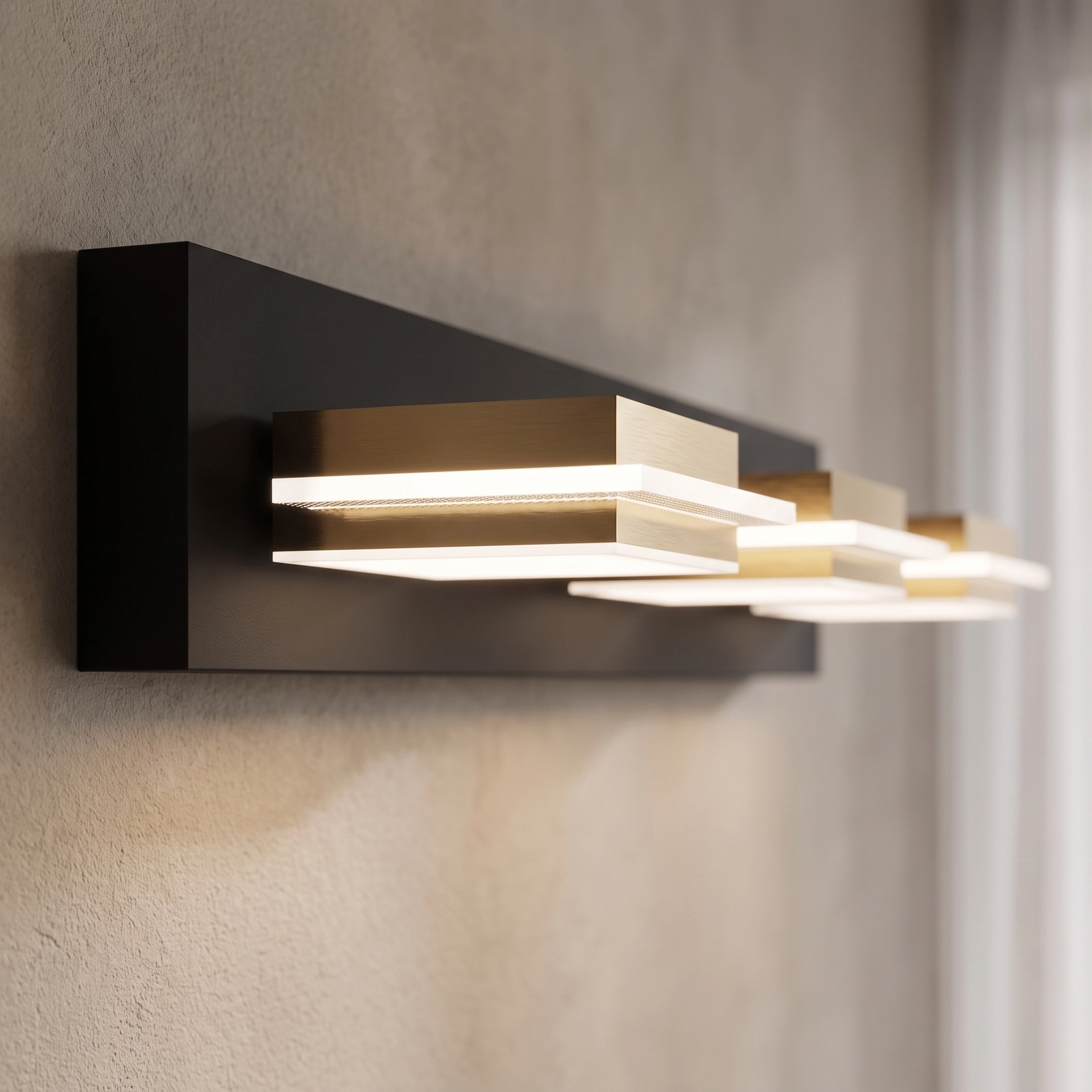 Willow three-light cube vanity light shown in warm white 3000K over two mirrors on a marble wall