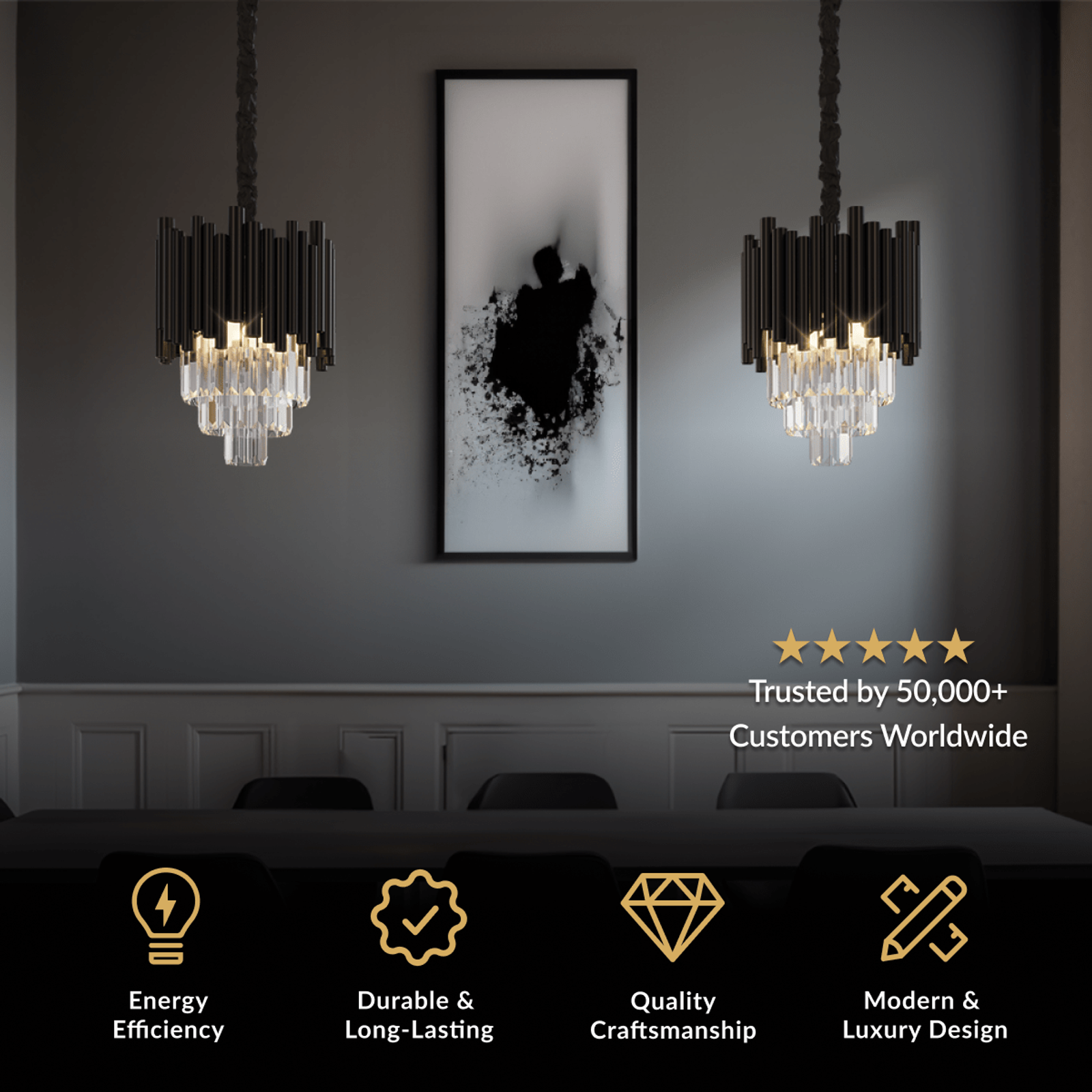 Mini Obsidian pair of small black and crystal pendants flanking framed art over a dark console