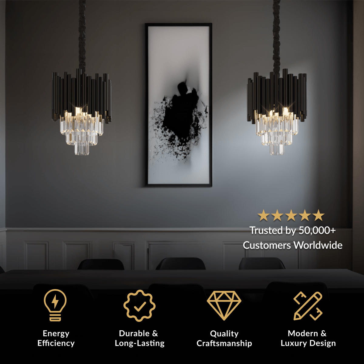 Mini Obsidian pair of small black and crystal pendants flanking framed art over a dark console