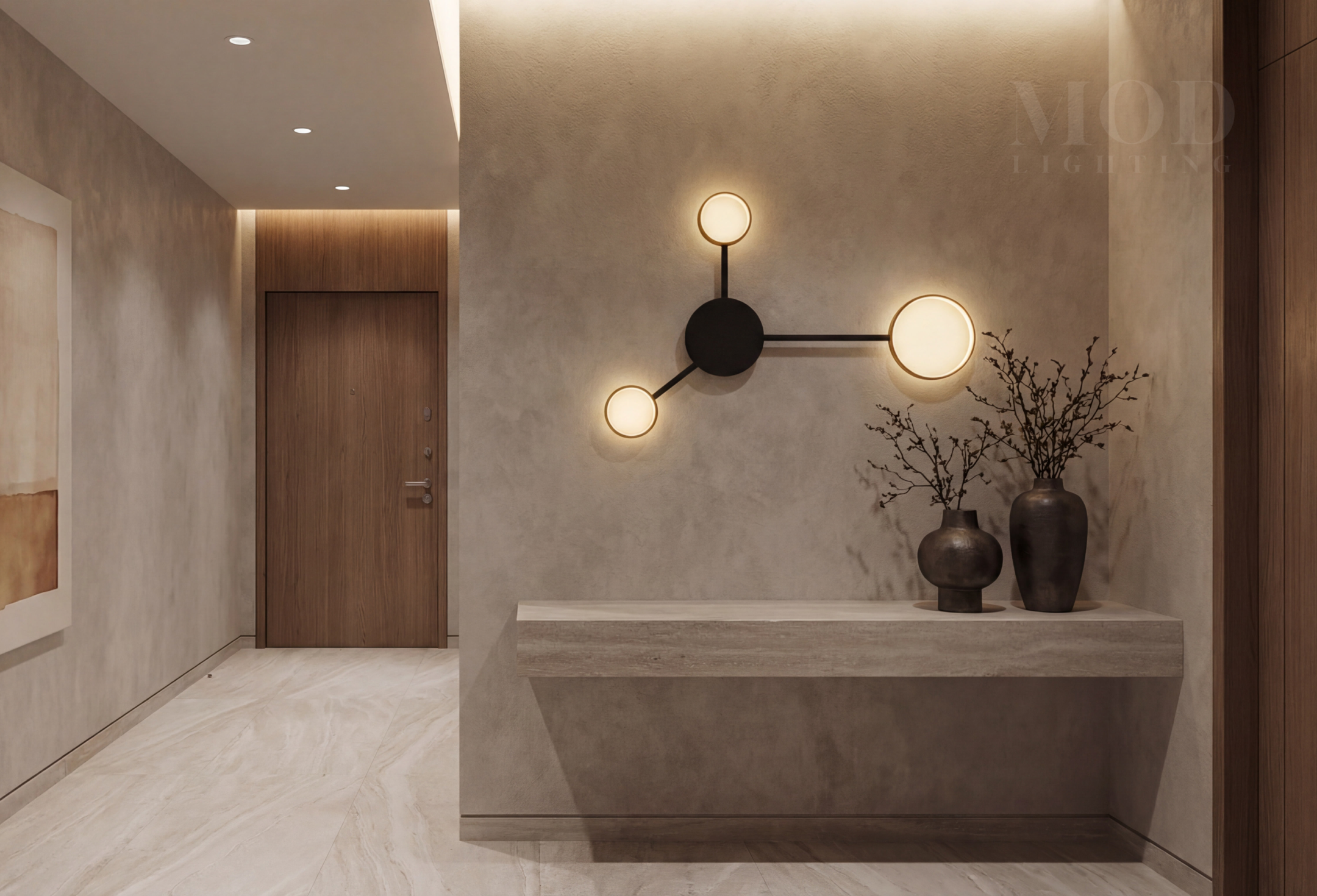 Geometric black iron chandelier in a contemporary entrance hall
