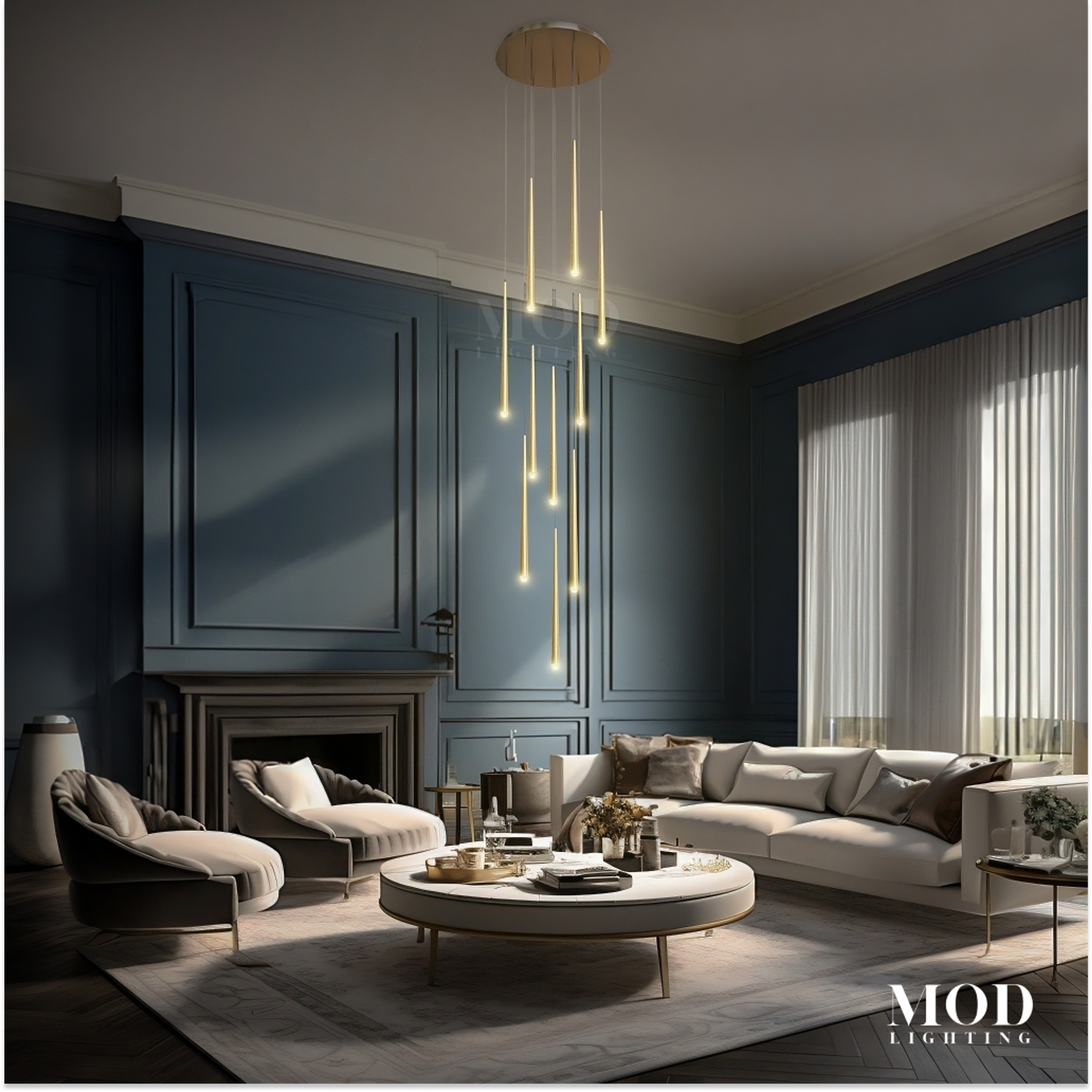 Jasper, cluster of slim gold rod pendants suspended in a blue-paneled living room