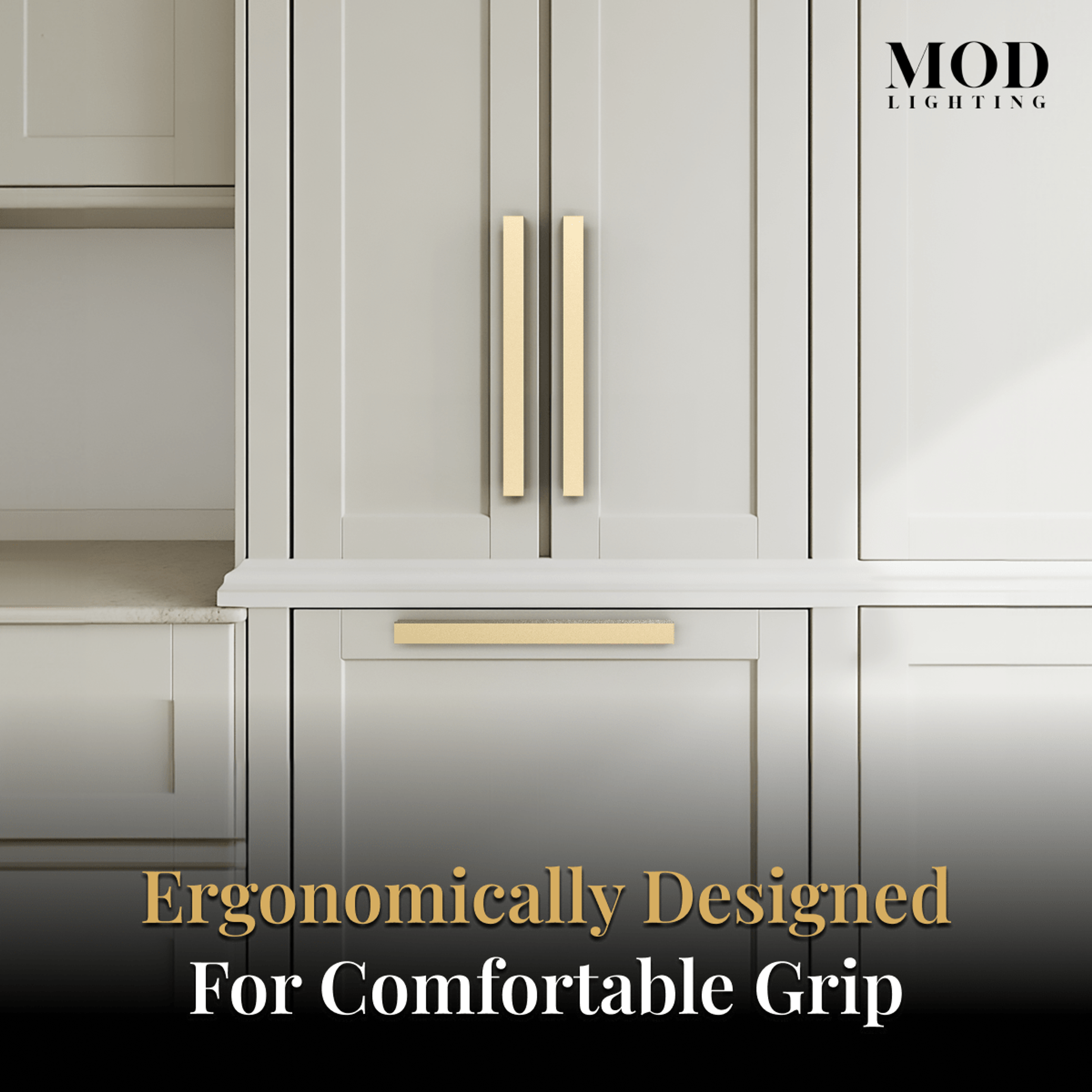 Innis brushed-gold cabinet pulls on cream cabinets and drawers, captioned ergonomically designed for comfortable grip