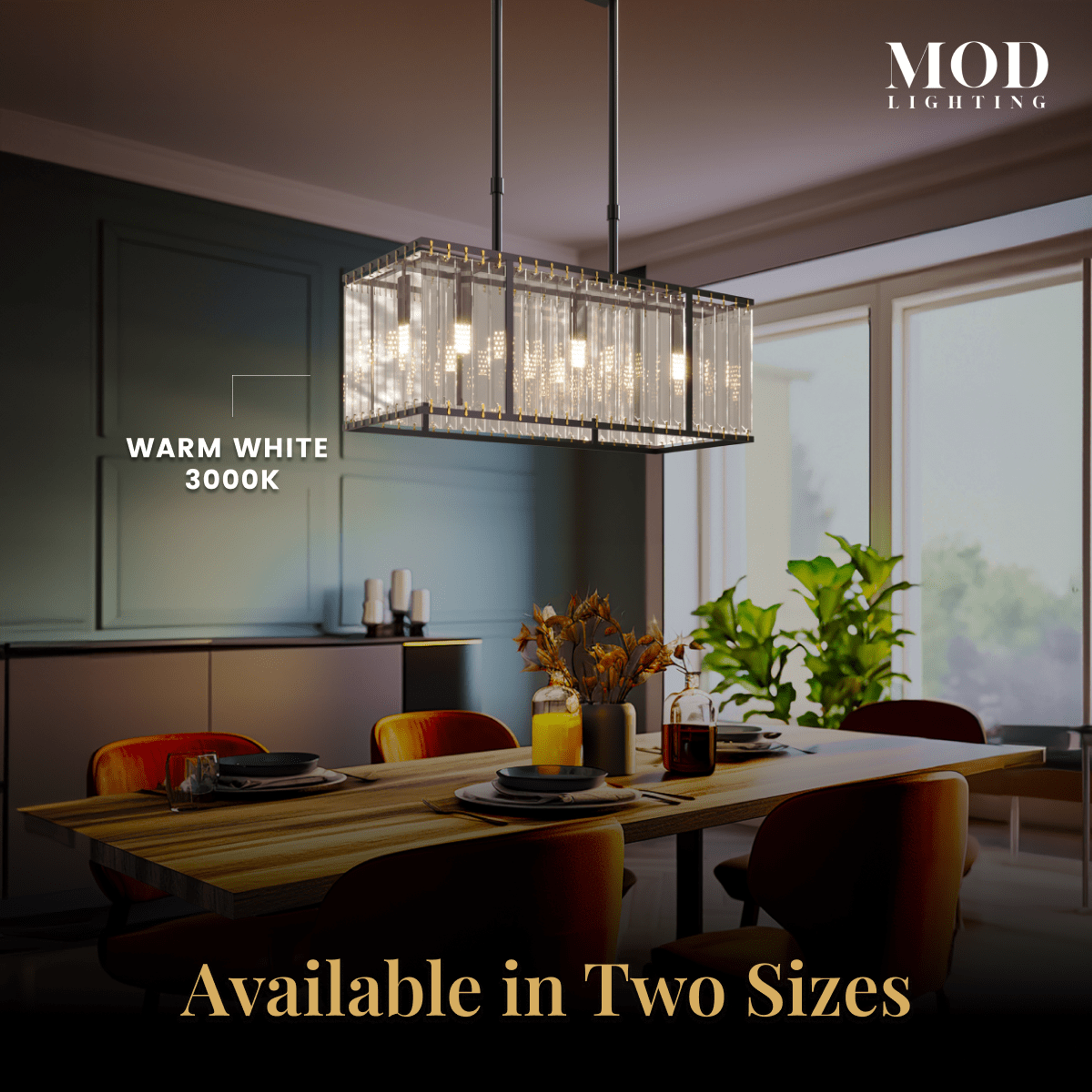 Gabriella black crystal-bar chandelier in warm-white 3000K over a dining table, noting two available sizes