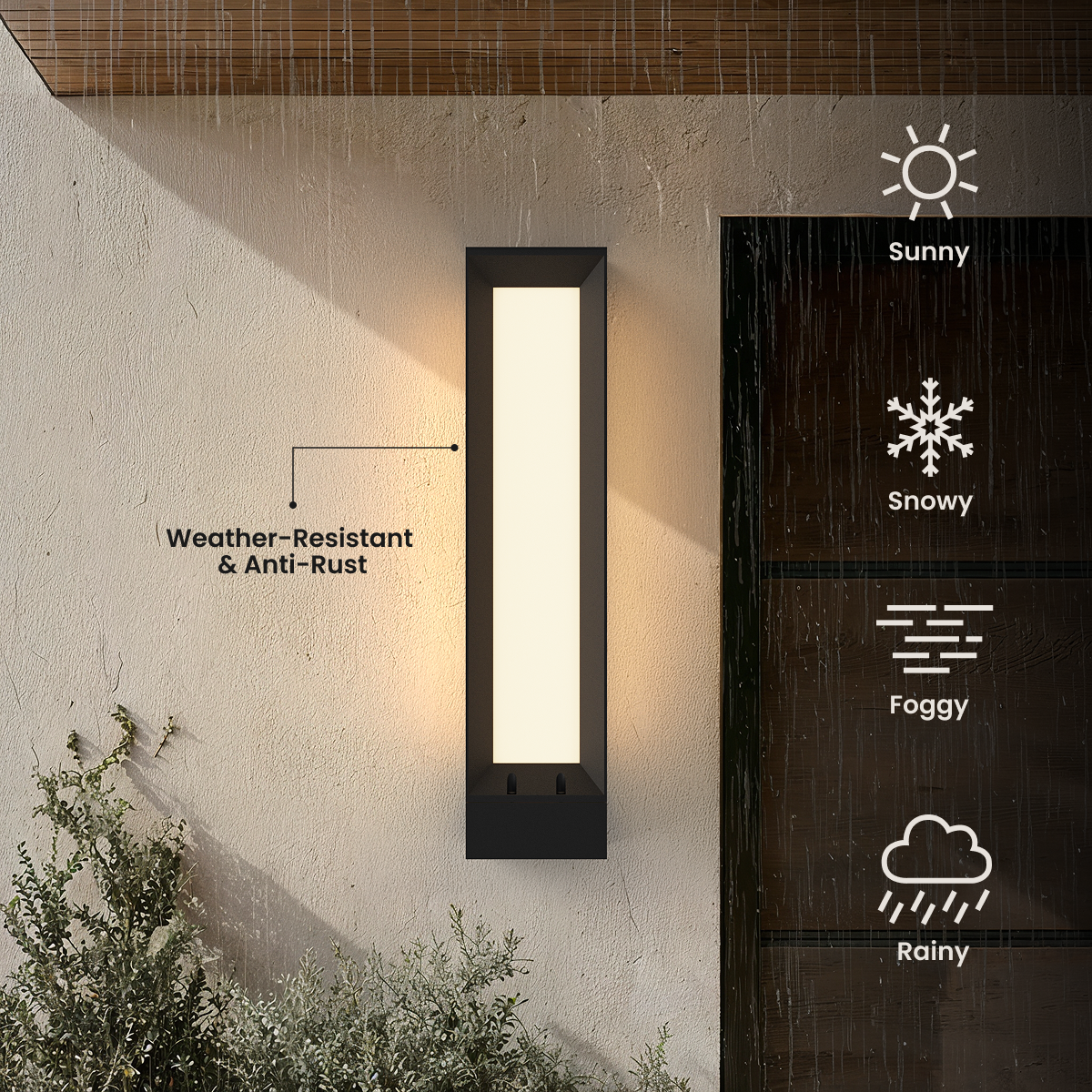 Haven black slim outdoor sconce with frosted panel on a stucco wall, labeled weather-resistant and anti-rust
