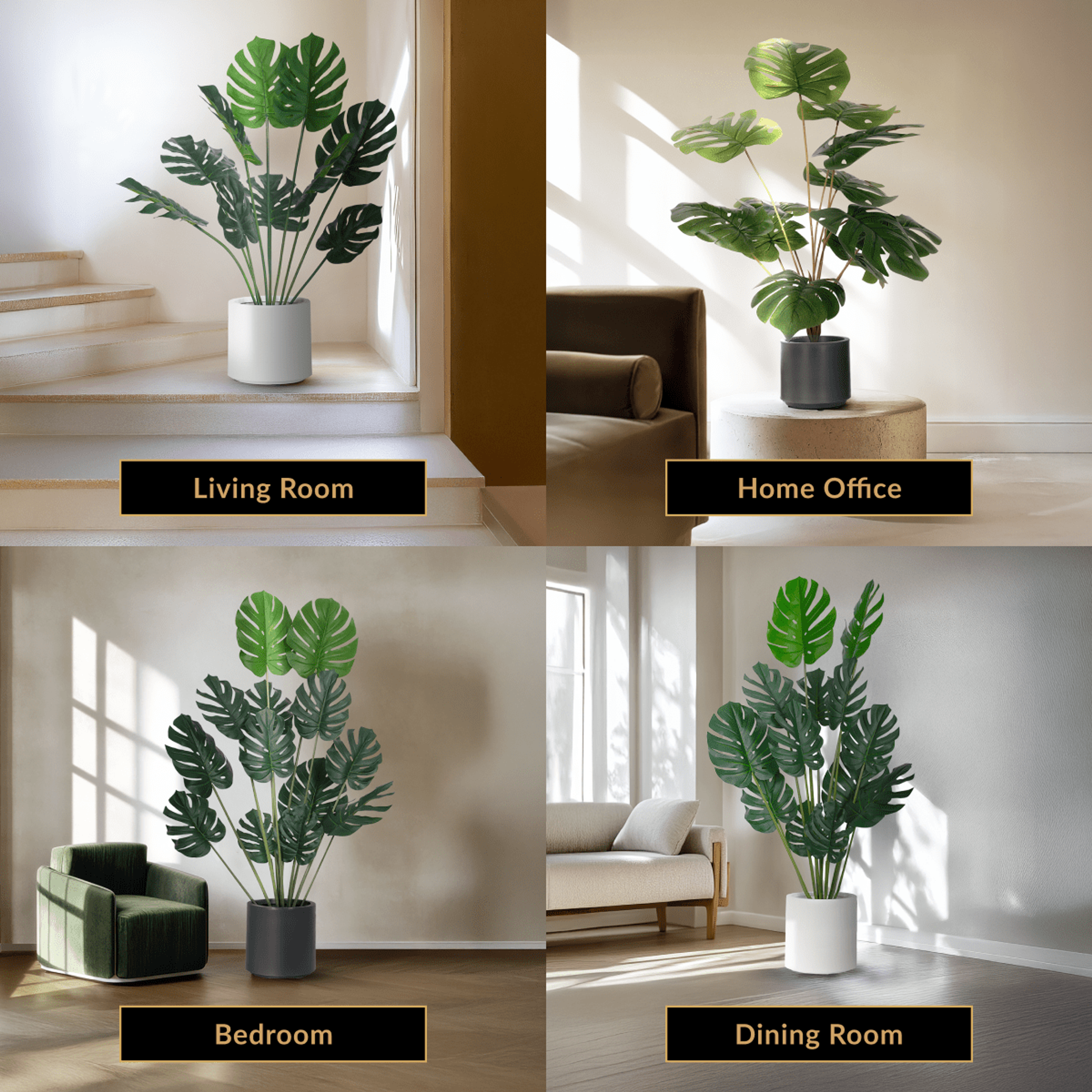 Monstera artificial plant in white and black pots, staged in a living room, home office, bedroom and dining room