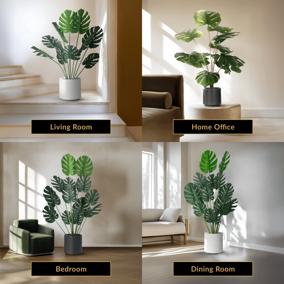 Monstera artificial plant in white and black pots, staged in a living room, home office, bedroom and dining room