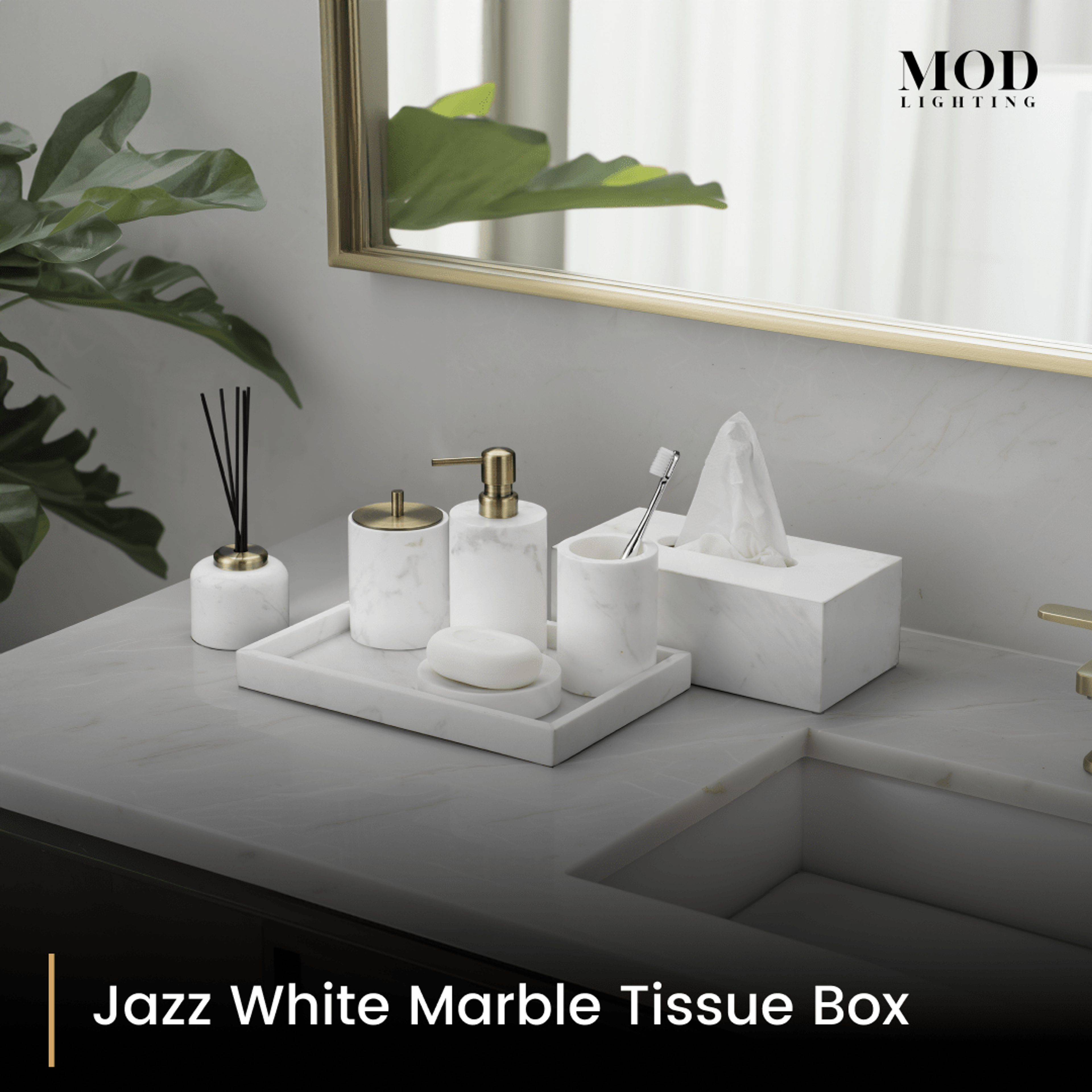 Jazz White Marble tissue box and bath set styled on a grey stone vanity with a plant and mirror