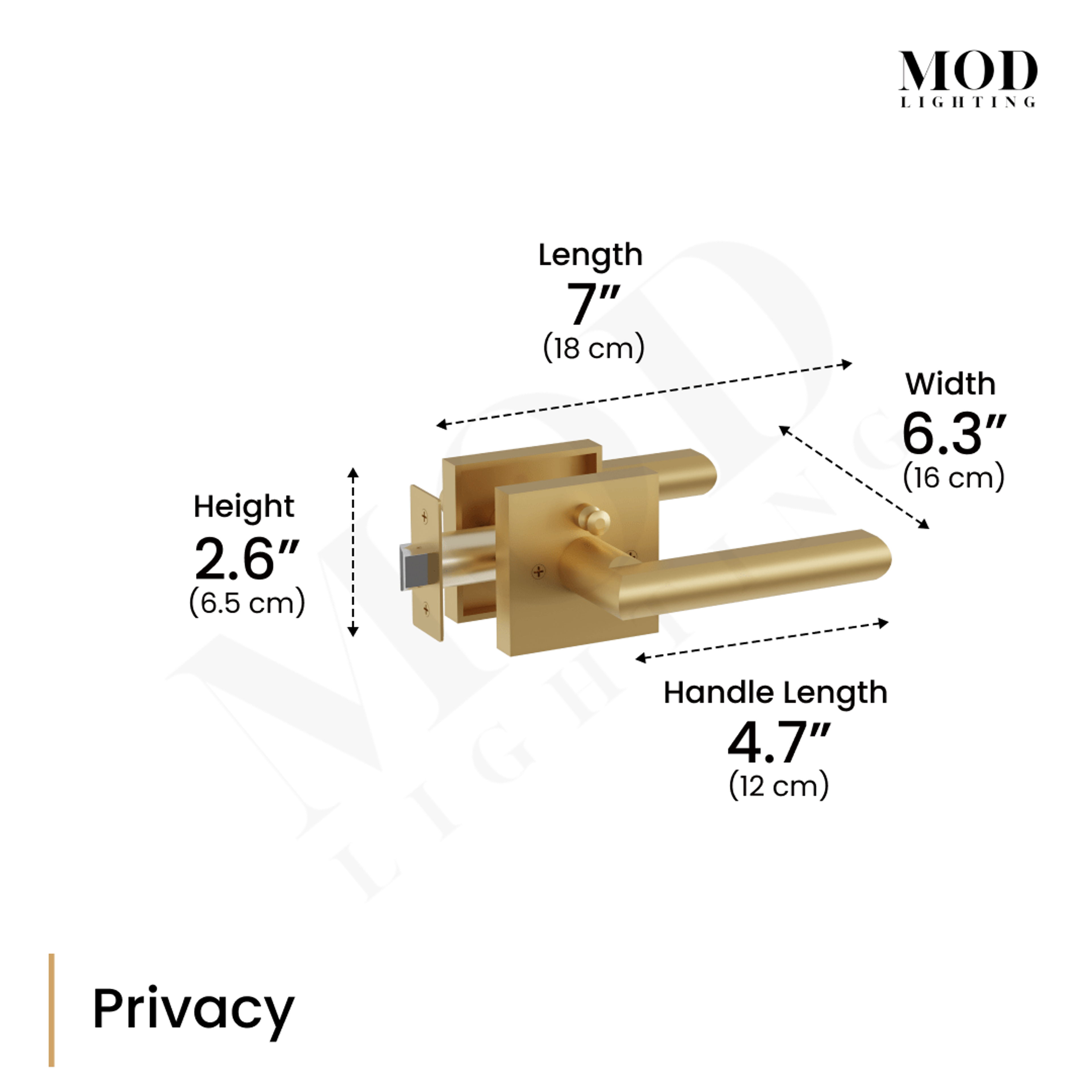Lennox door handle privacy-set dimension diagram, brushed-gold lever with lock and 7 in length, 4.7 in callouts
