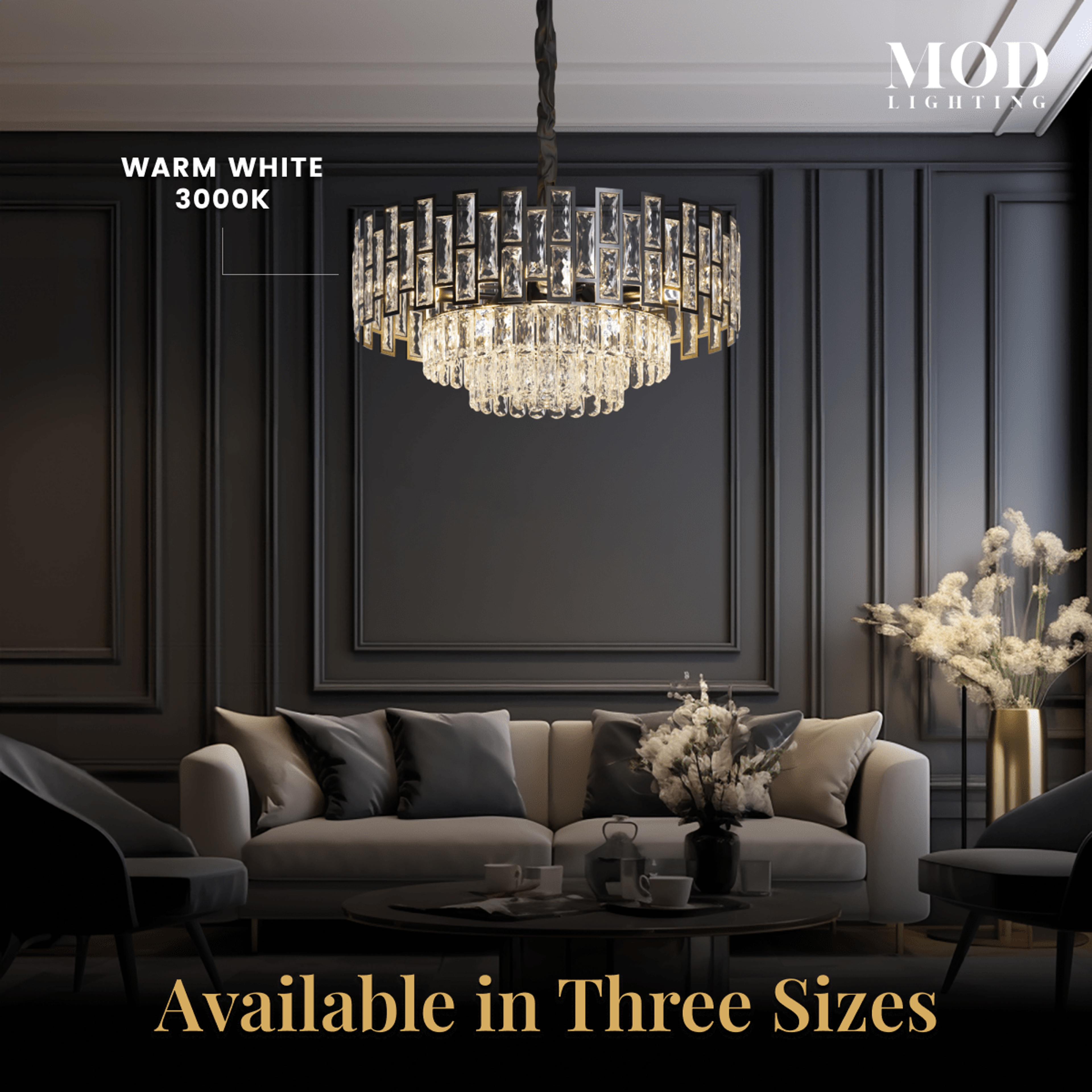 Raven black crystal chandelier in a dark living room, warm white 3000K, available in three sizes