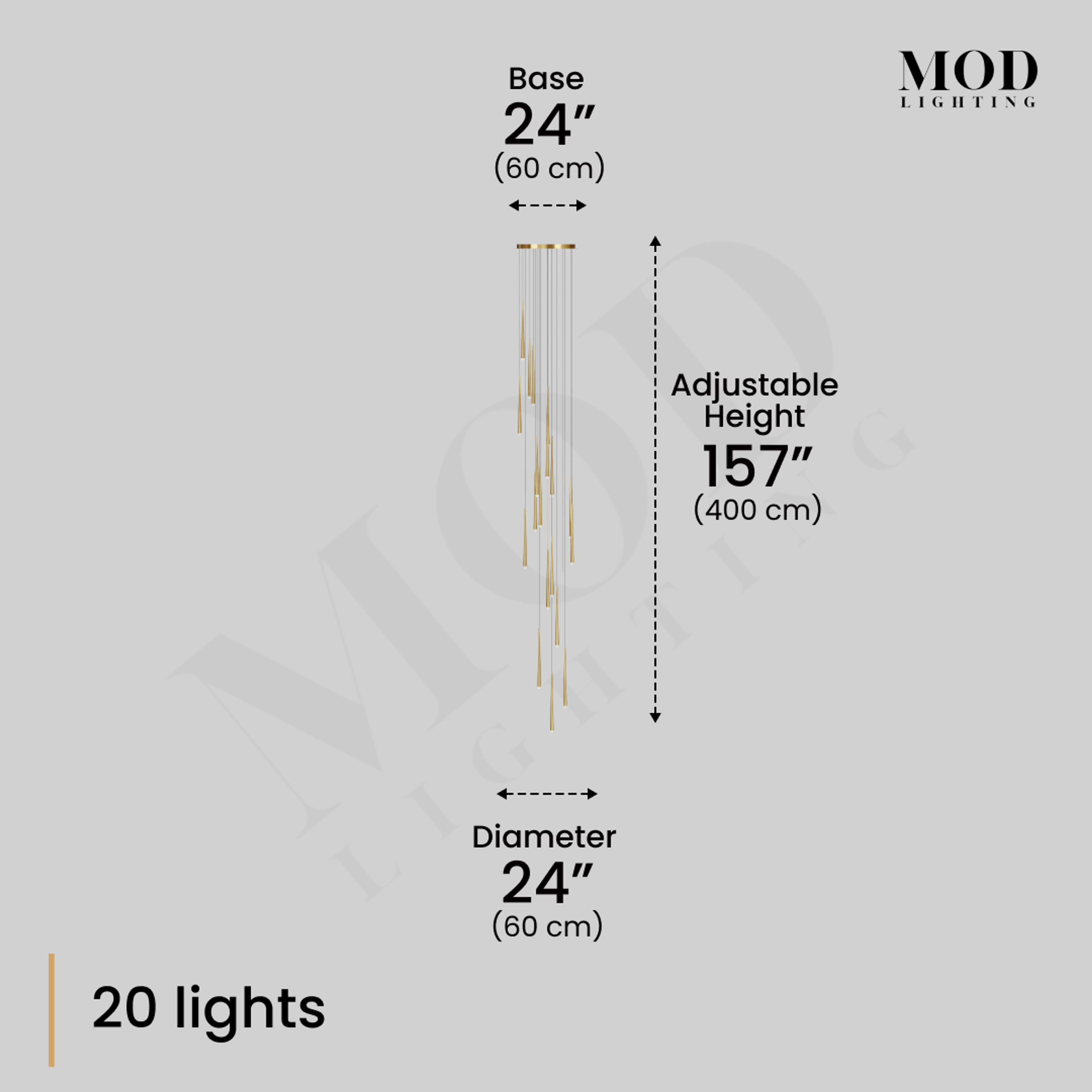 Jasper cascade pendant diagram: 20 lights, 24-inch base and diameter, 157-inch adjustable height