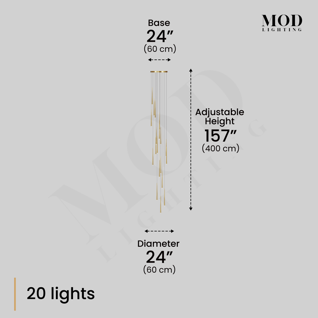 Jasper cascade pendant diagram: 20 lights, 24-inch base and diameter, 157-inch adjustable height