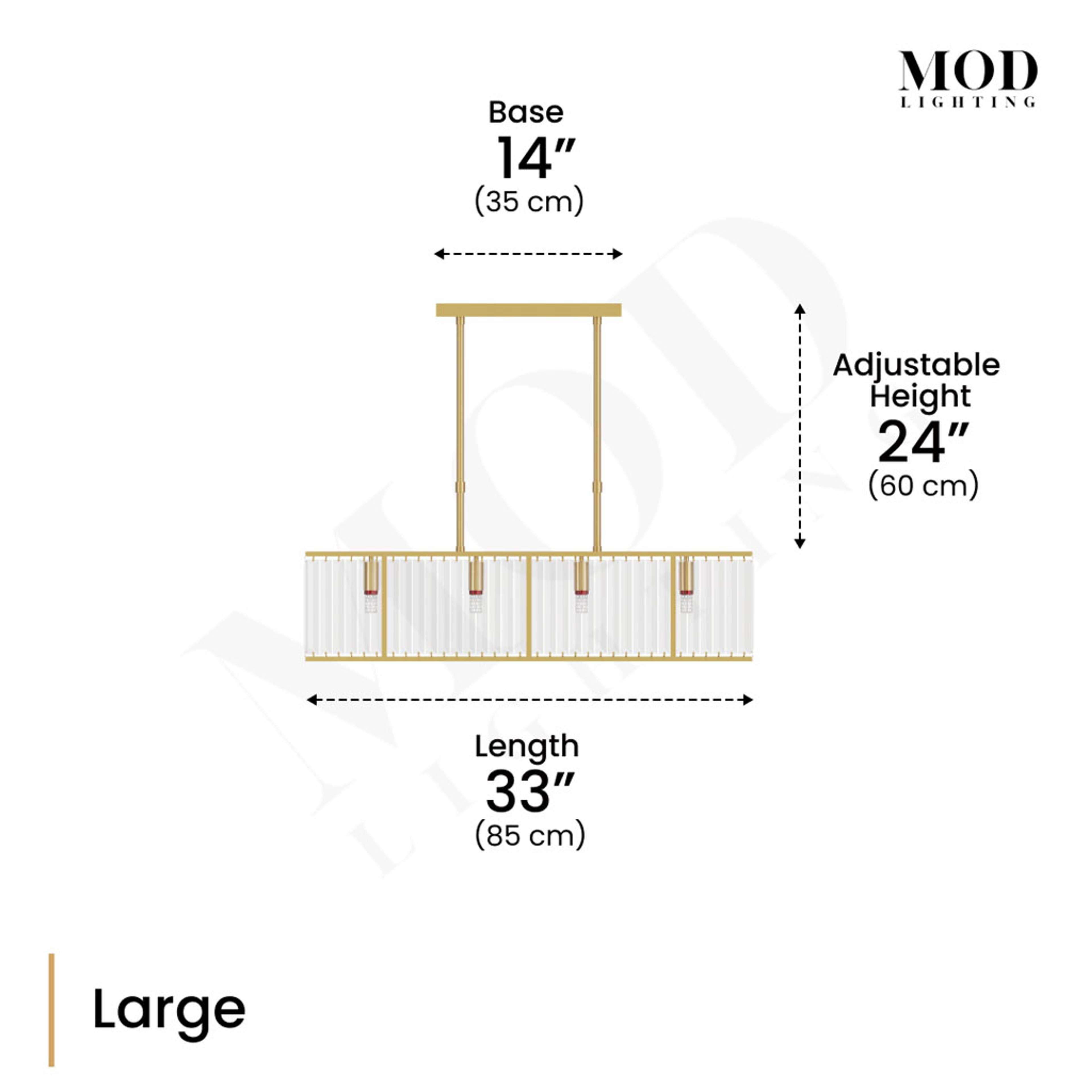 Gabriella gold crystal-bar chandelier, Large dimension diagram: 33" length, 14" base, 24" adjustable drop