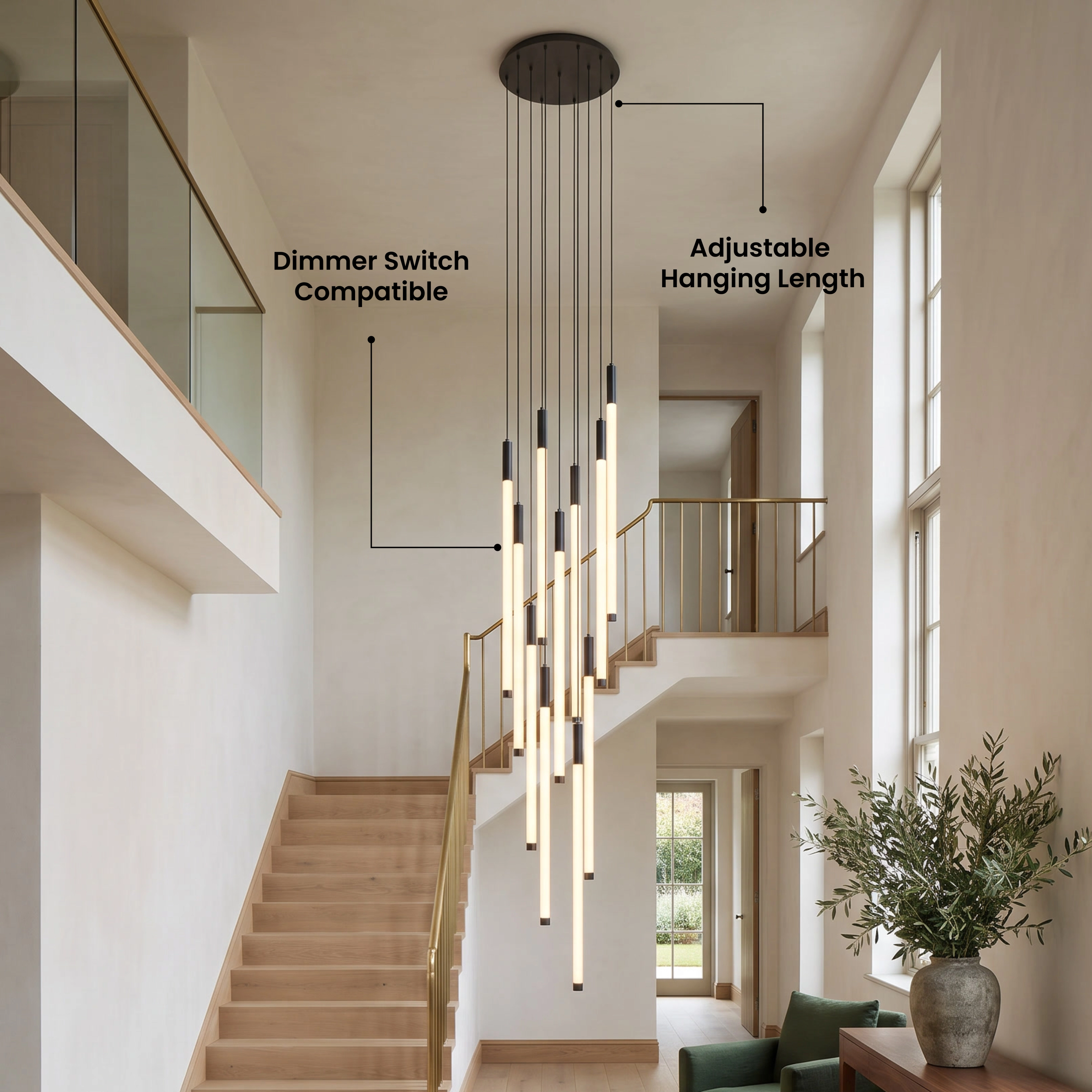 Kasper gold cascade chandelier of vertical LED bars beside a marble stairwell, five-star review overlay
