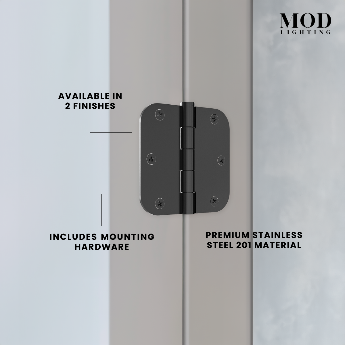 Modern Door Hinge in matte black on a door edge, noting two finishes and mounting hardware