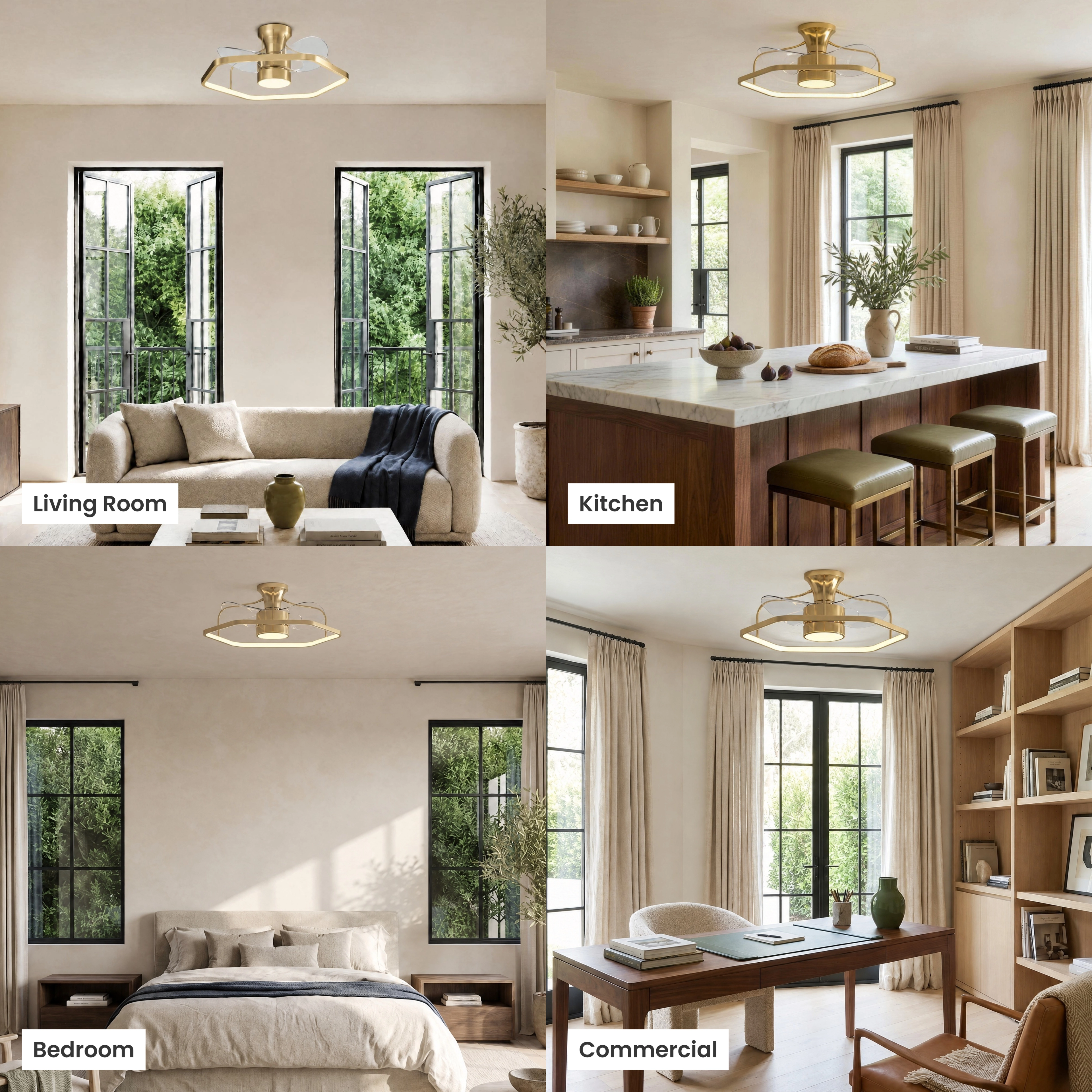 Virelle gold caged ceiling fan light in living, dining, bedroom and kitchen rooms