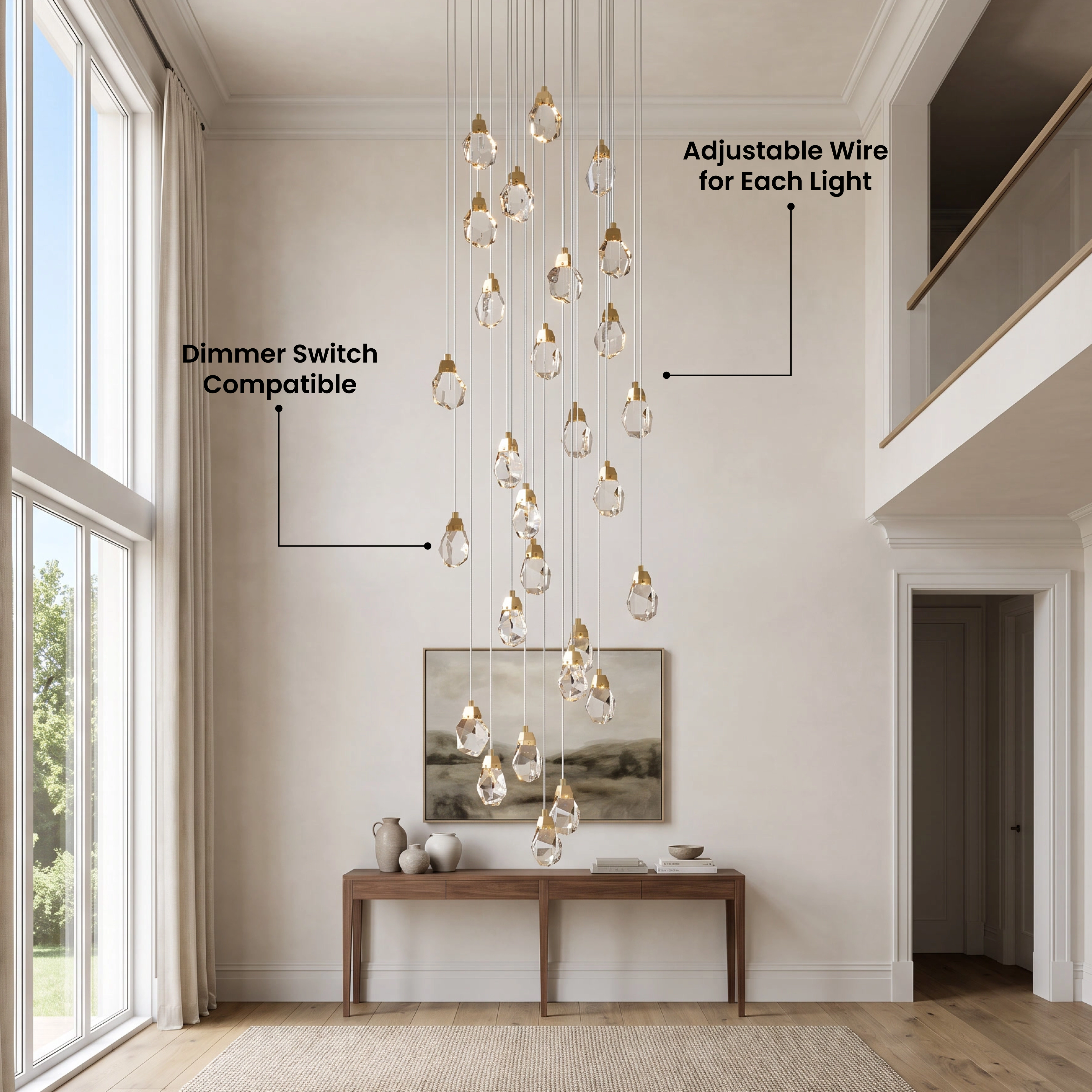 Hailstone cascading crystal-drop chandelier over a round dining table in a stairwell, customer review overlay