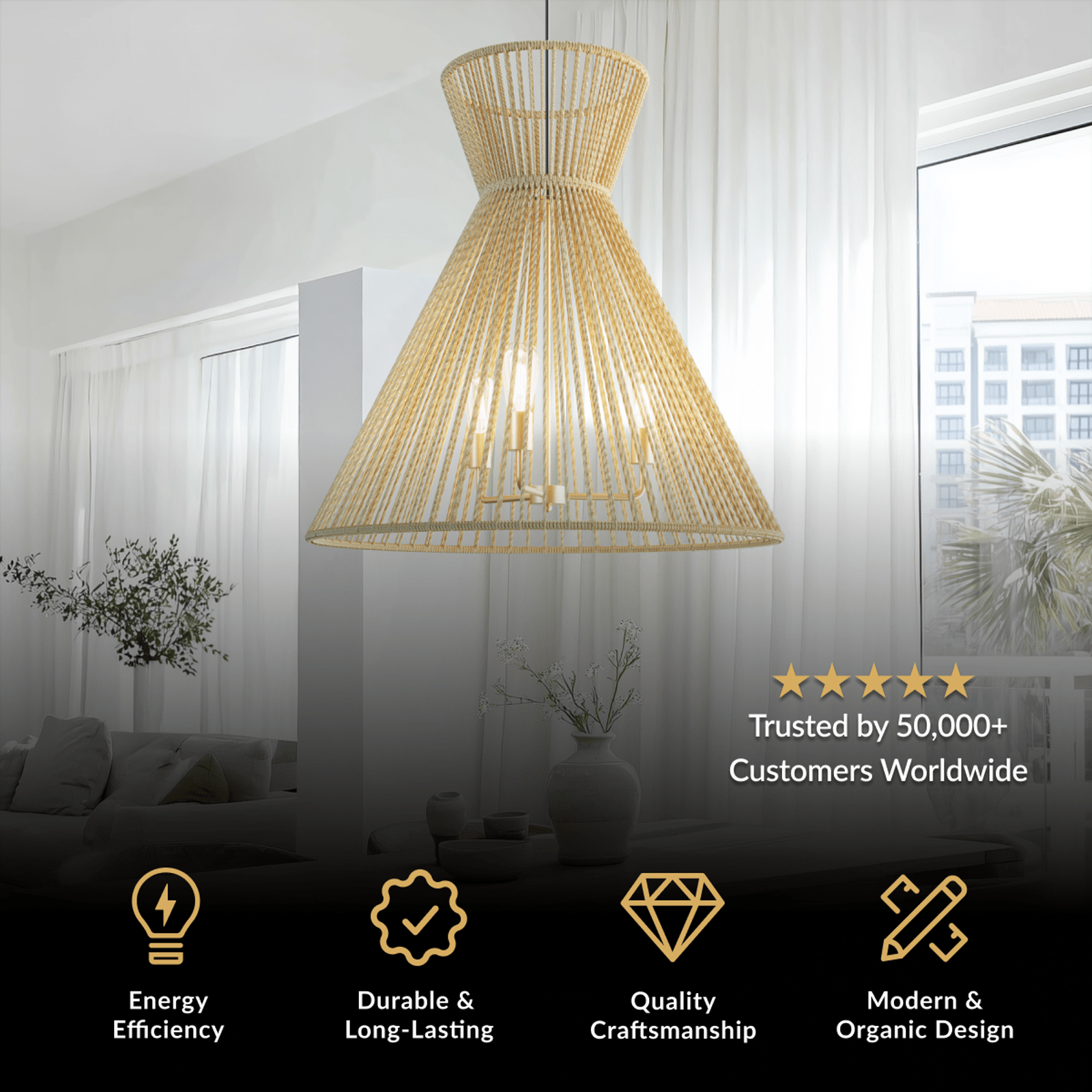 Isla chandelier, tapered woven natural fiber pendant with interior bulbs in a bright room
