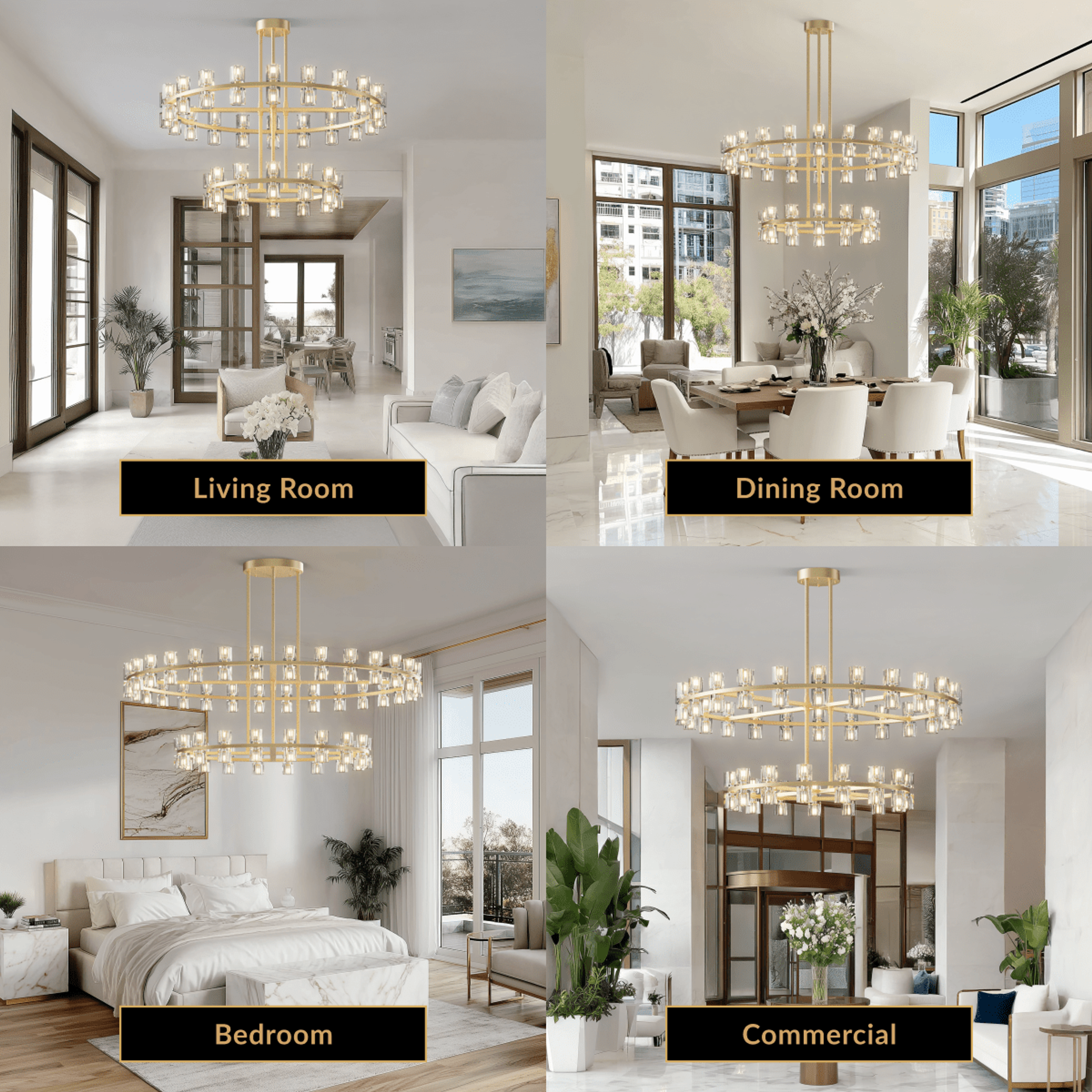 Sunset brass and crystal chandelier, two-tiered ring form, shown in a living room, dining, bedroom and lobby