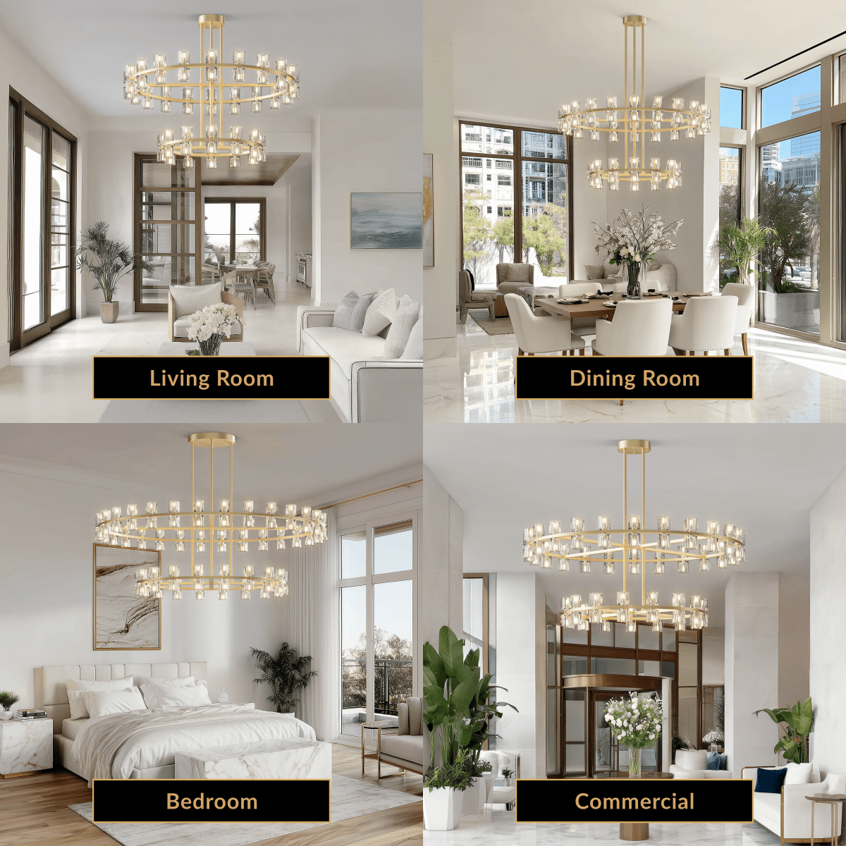 Sunset brass and crystal chandelier, two-tiered ring form, shown in a living room, dining, bedroom and lobby