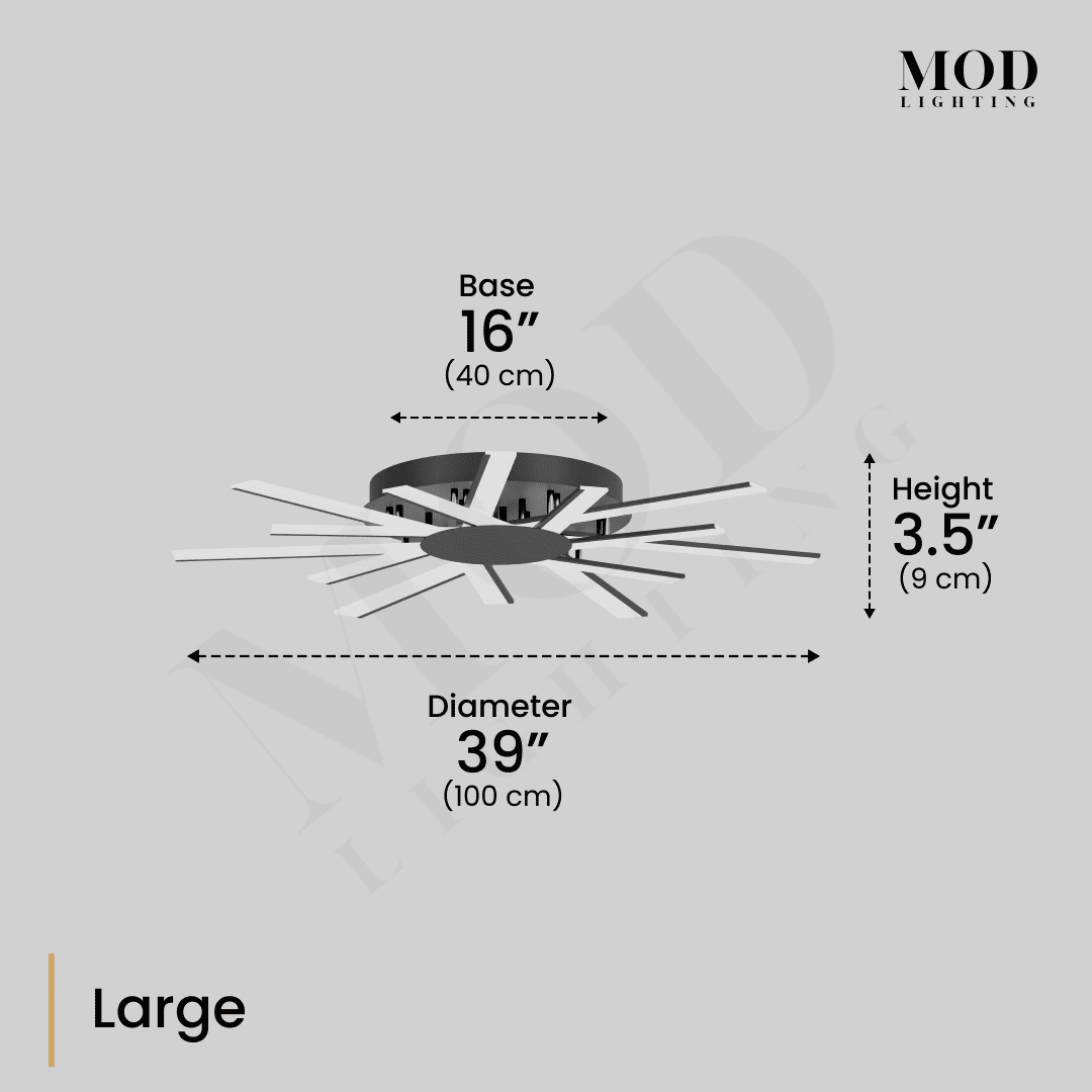 Sparkle ceiling light spec diagram, Large: 39" diameter, 16" base, 3.5" height