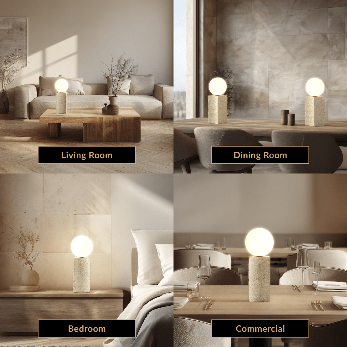 Arabella Table Lamp travertine stone lamp, stone base with glass orb, staged in living, dining, bedroom and commercial rooms