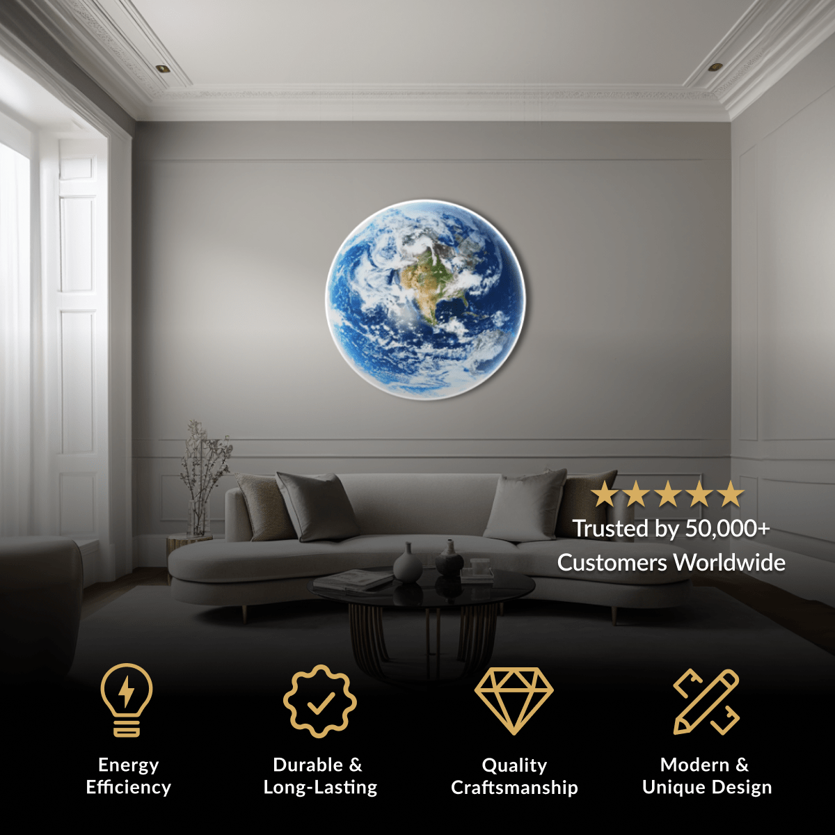Terra Earth globe LED wall light mounted above a sofa in a neutral living room