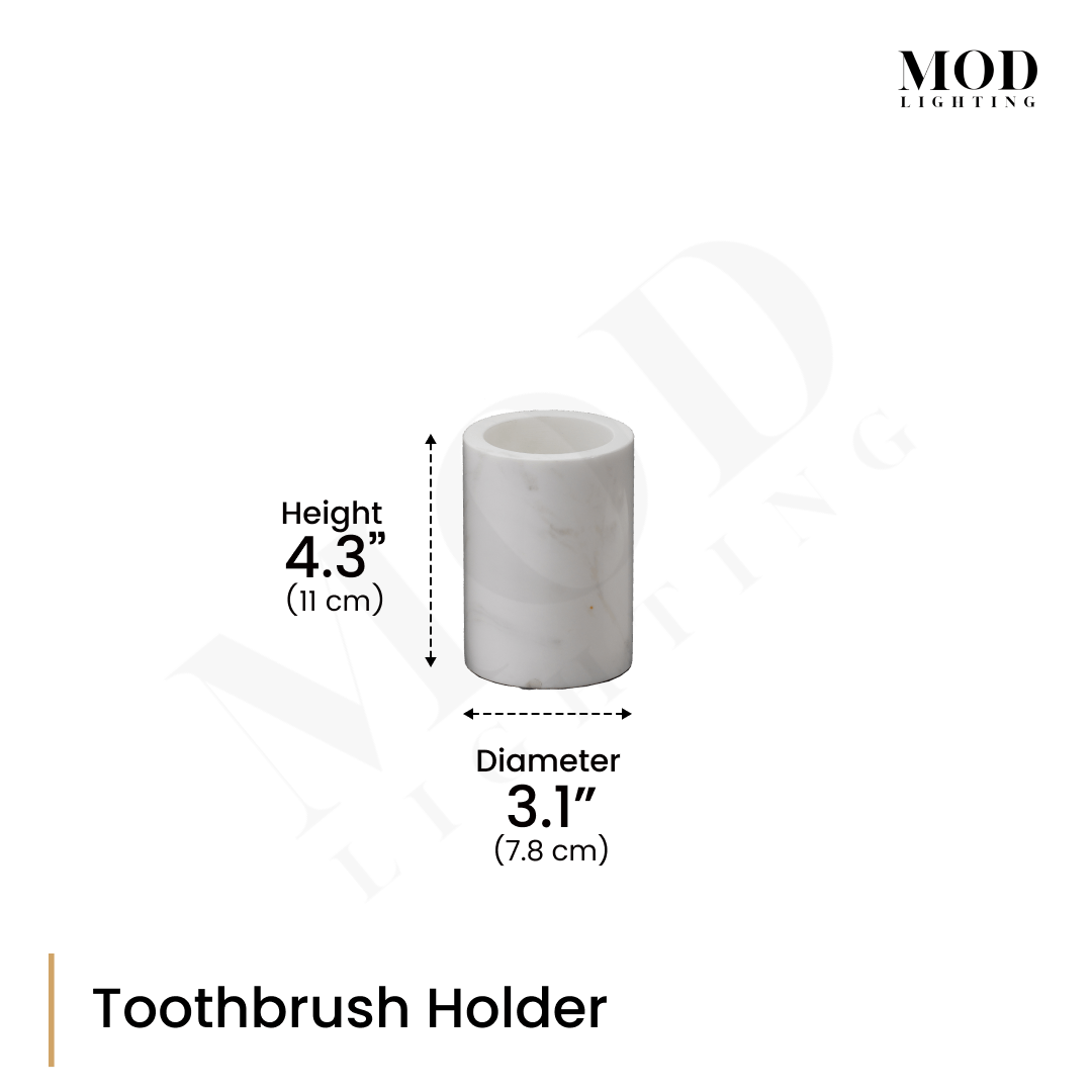 Jazz White Marble toothbrush holder, cylindrical white marble cup, dimension diagram: 4.3 in H, 3.1 in diameter